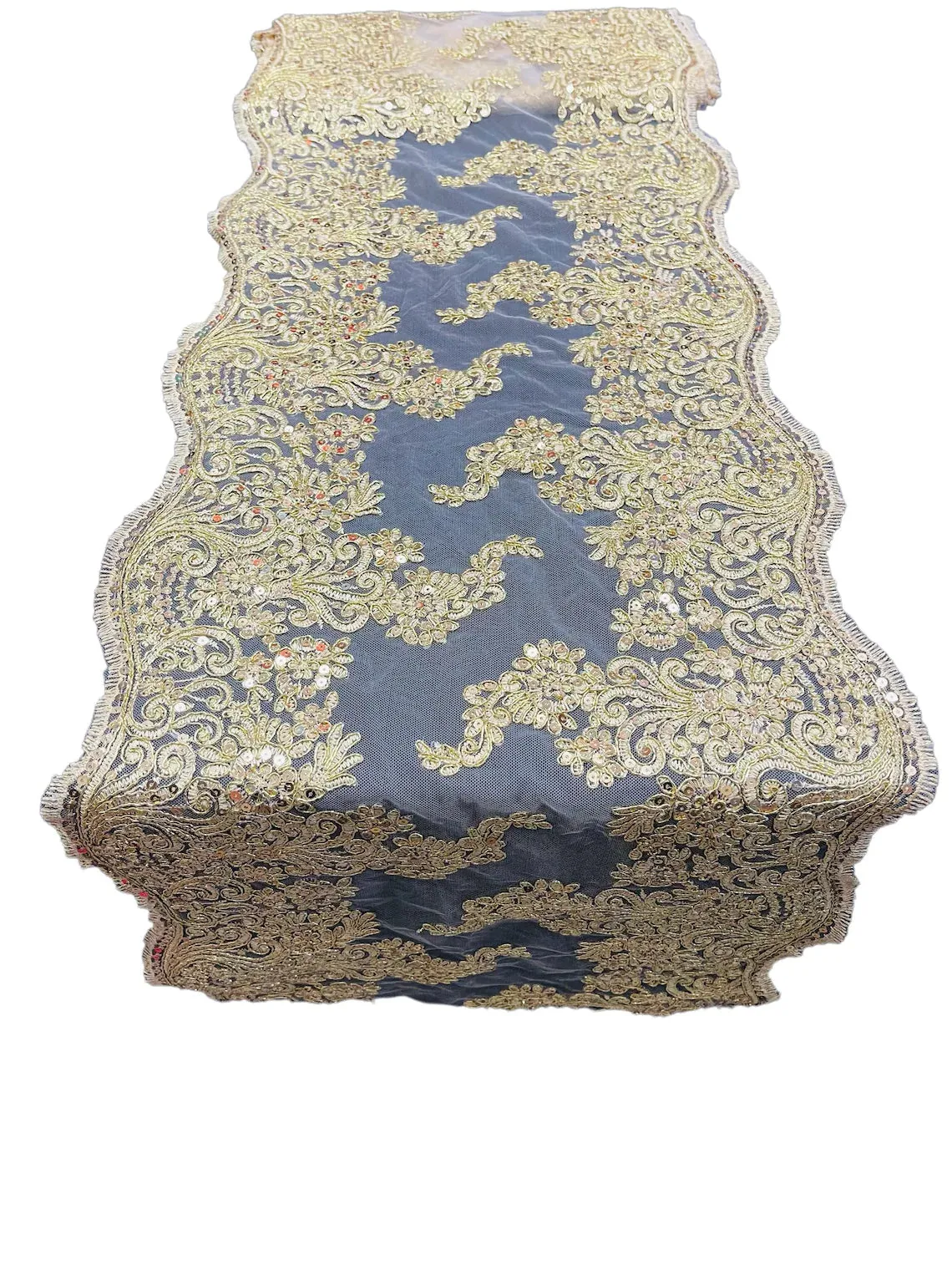 14" Metallic Floral Design Lace Table Runner for Event, Wedding Dress Decoration Sold By The Yard