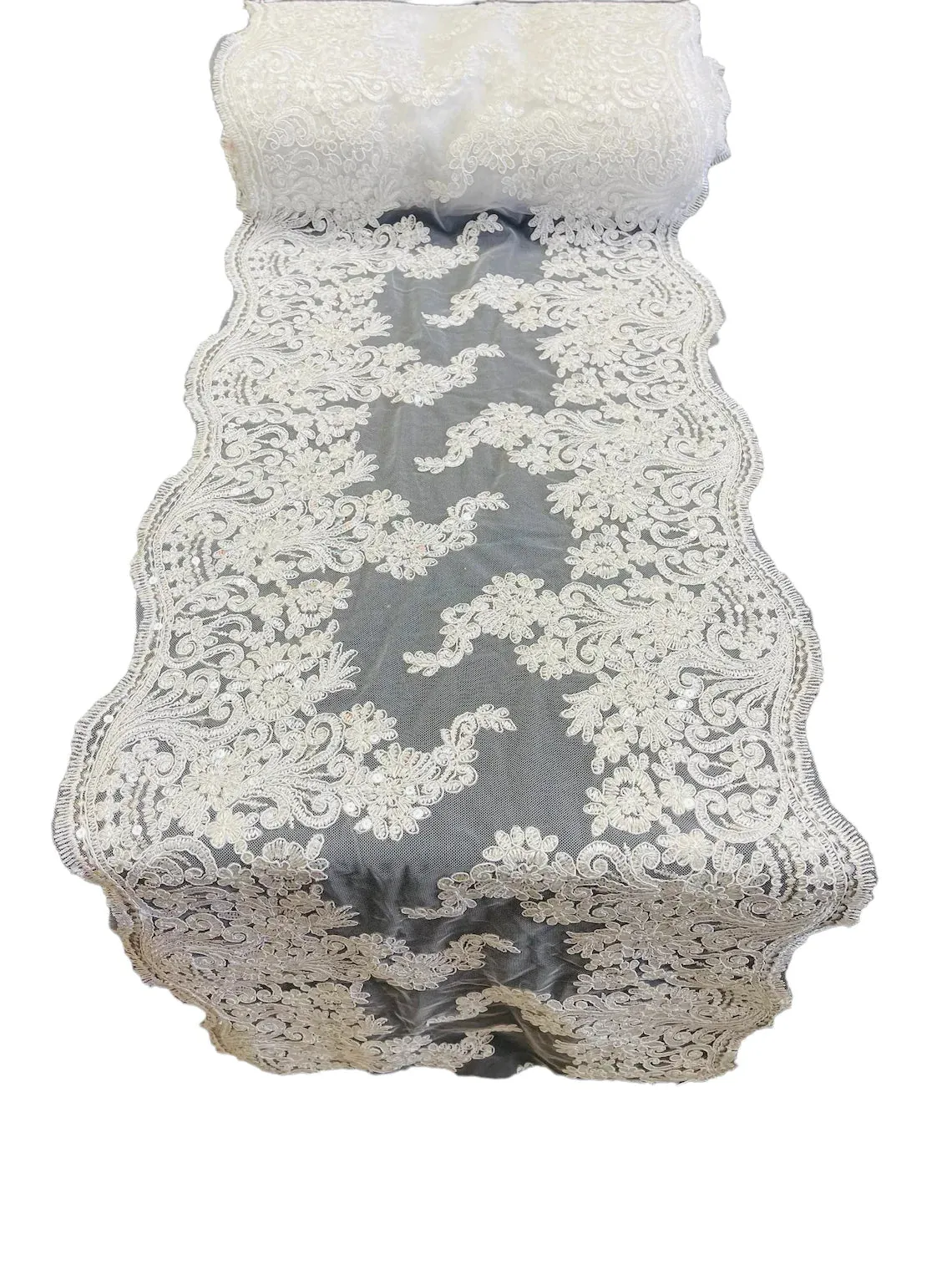 14" Metallic Floral Design Lace Table Runner for Event, Wedding Dress Decoration Sold By The Yard