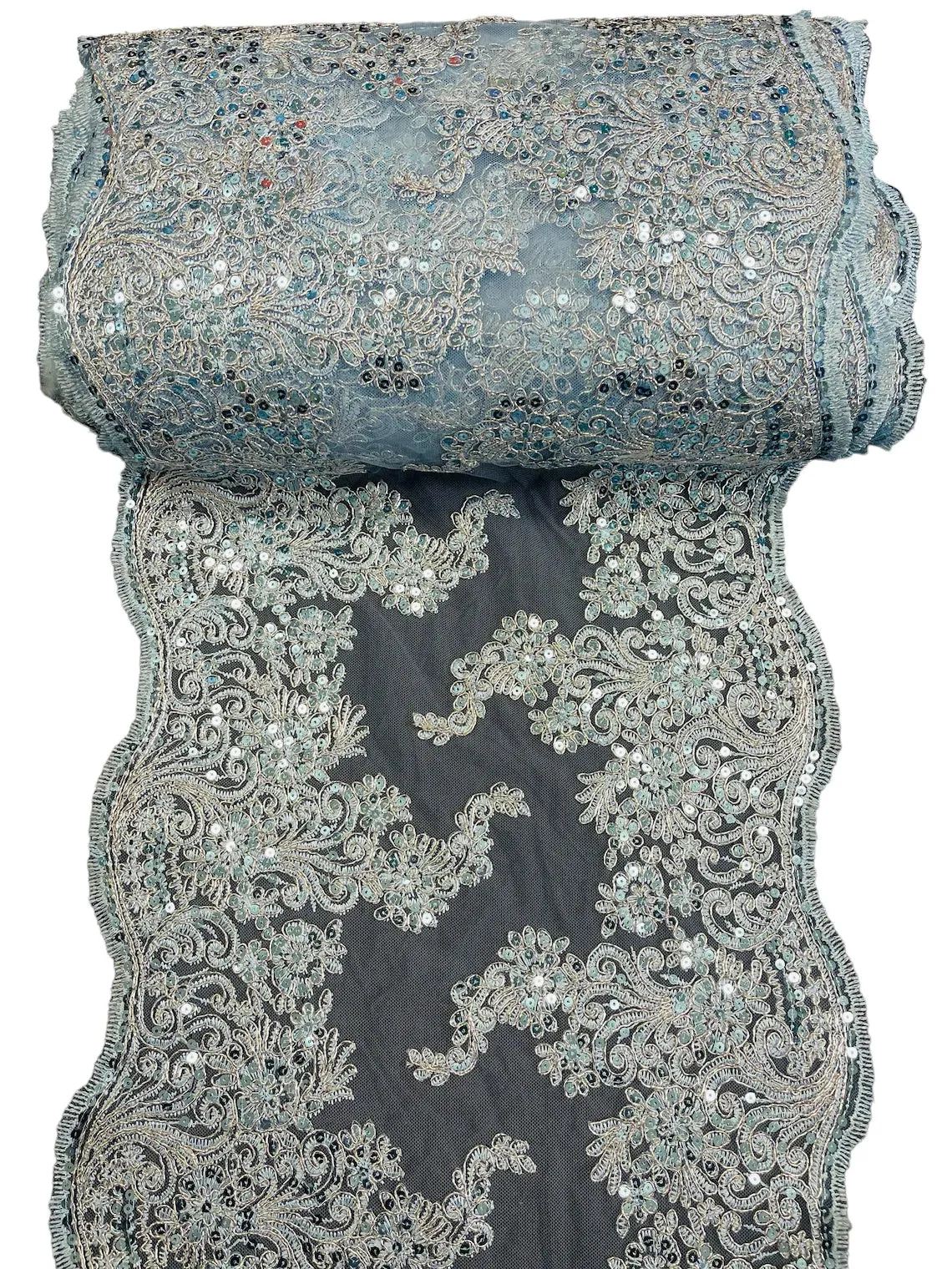 14" Metallic Floral Design Lace Table Runner for Event, Wedding Dress Decoration Sold By The Yard