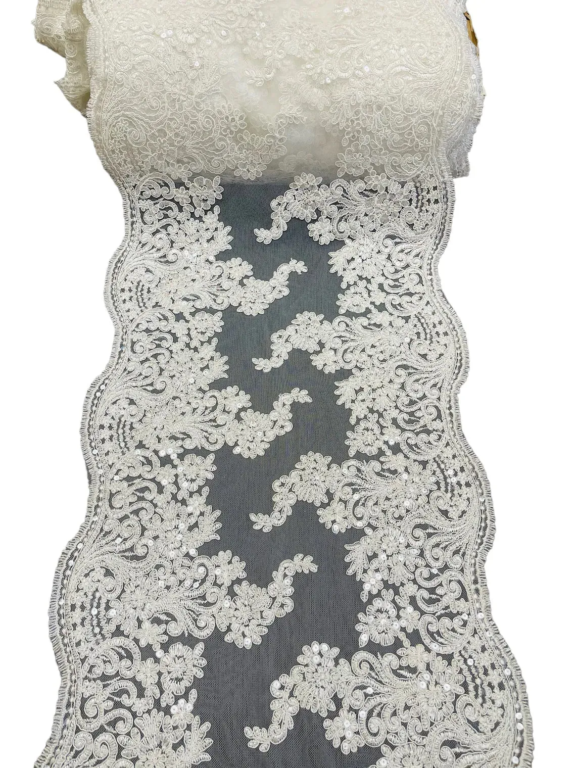 14" Metallic Floral Design Lace Table Runner for Event, Wedding Dress Decoration Sold By The Yard