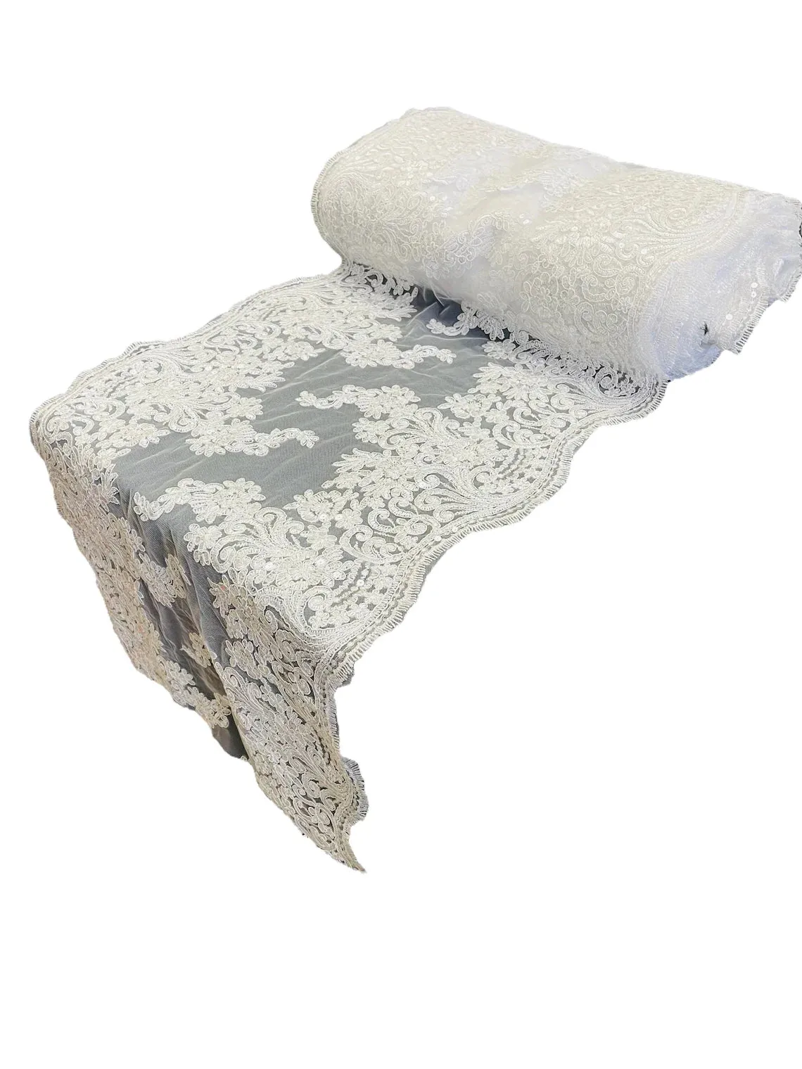14" Metallic Floral Design Lace Table Runner for Event, Wedding Dress Decoration Sold By The Yard