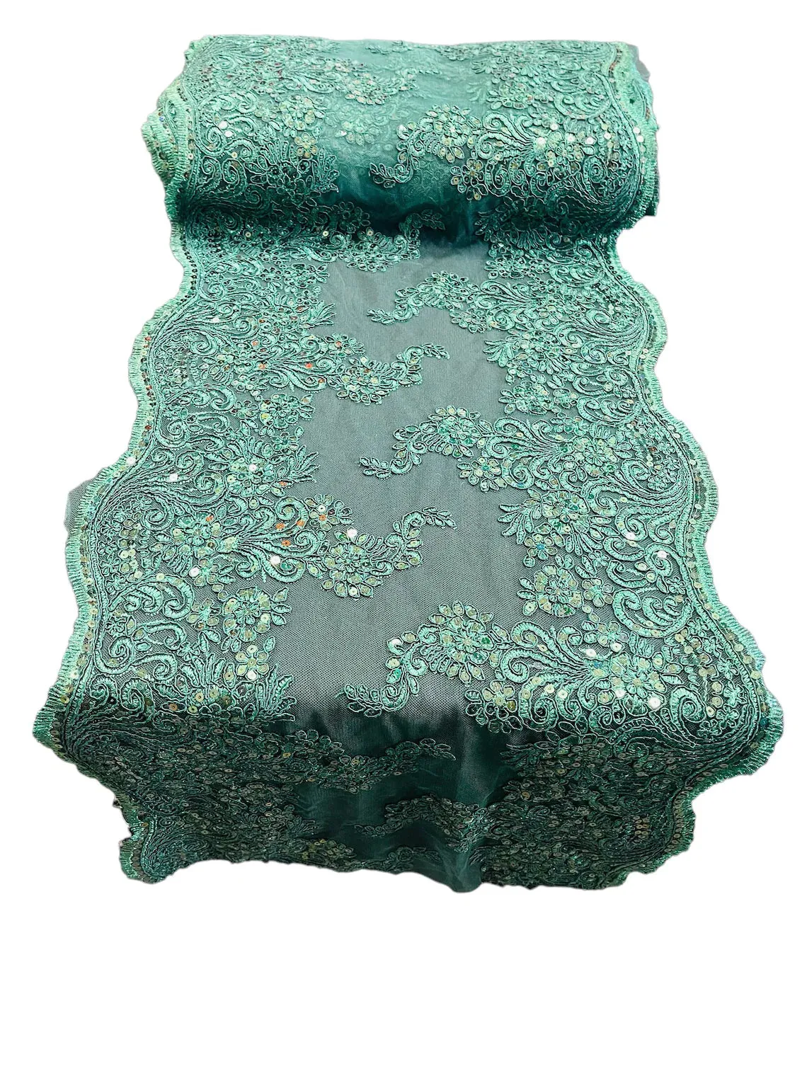 14" Metallic Floral Design Lace Table Runner for Event, Wedding Dress Decoration Sold By The Yard