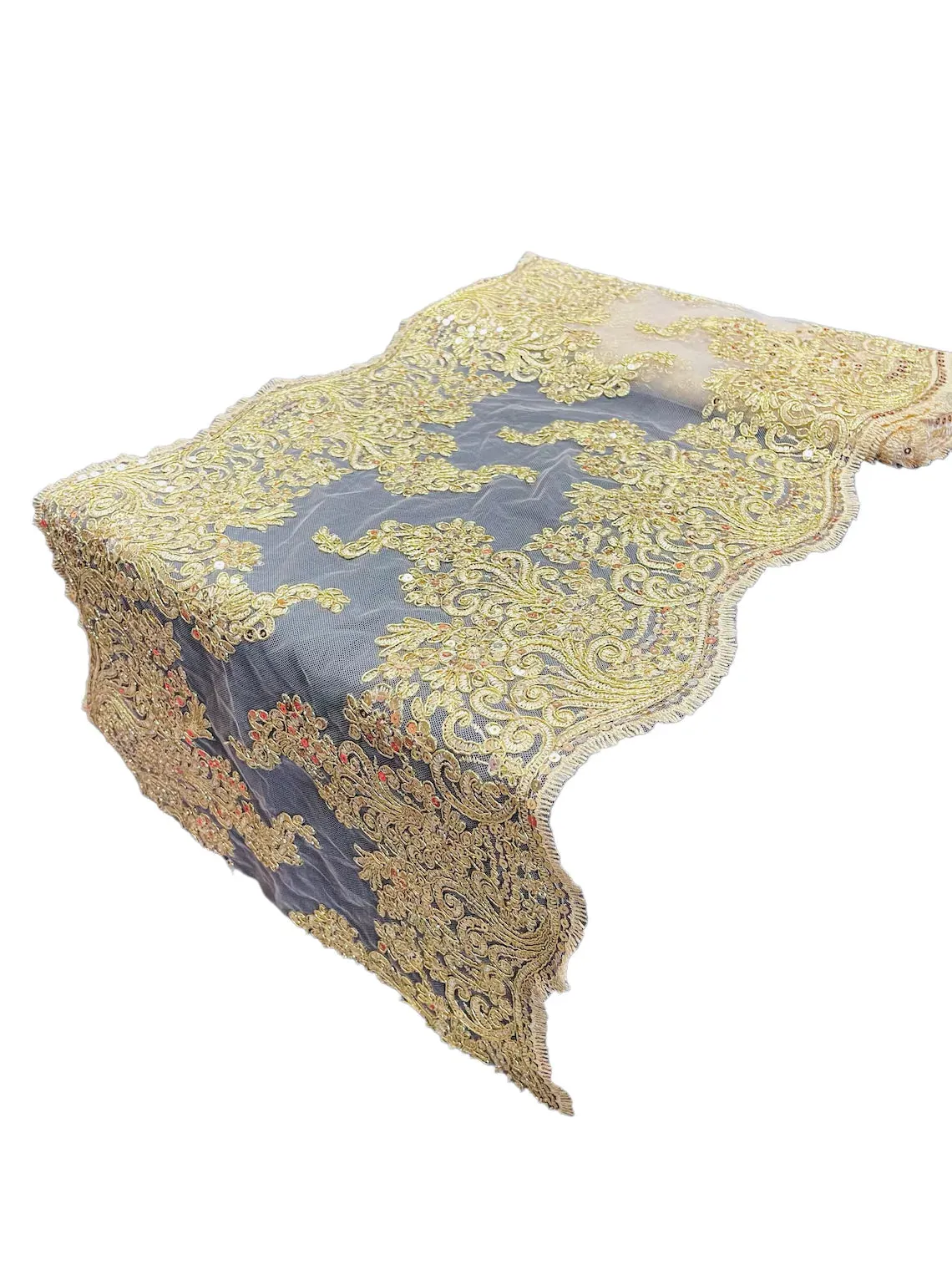 14" Metallic Floral Design Lace Table Runner for Event, Wedding Dress Decoration Sold By The Yard