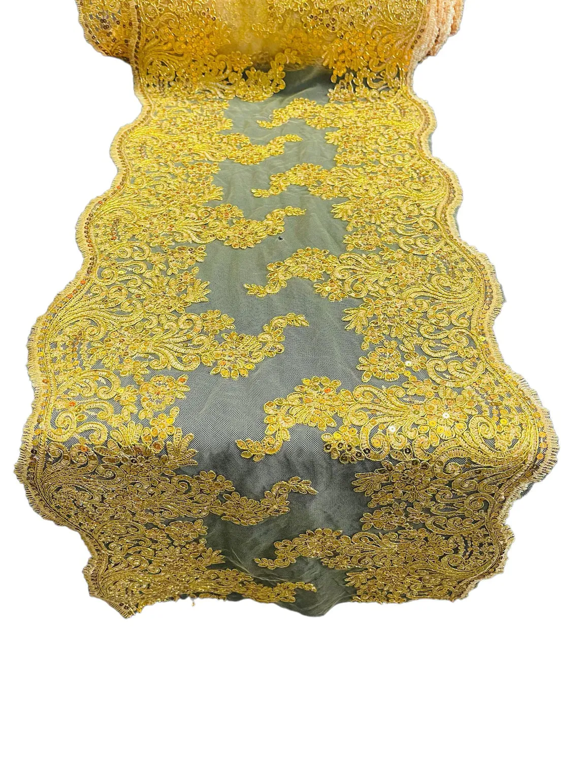 14" Metallic Floral Design Lace Table Runner for Event, Wedding Dress Decoration Sold By The Yard