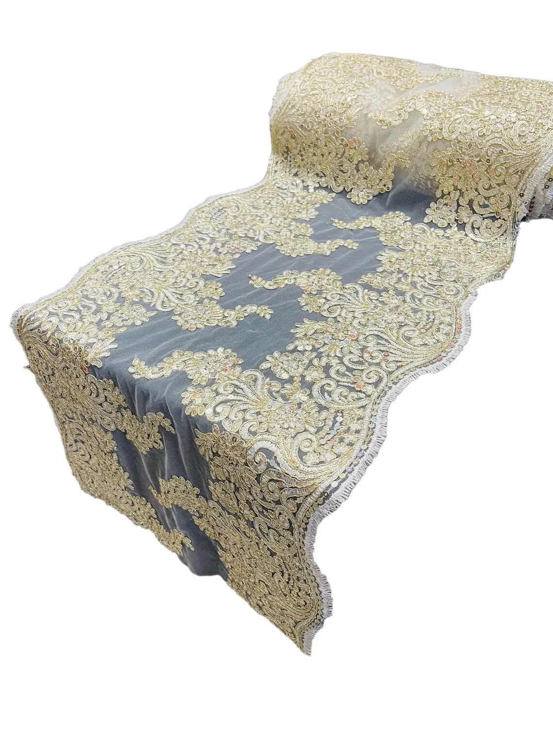14" Metallic Floral Design Lace Table Runner for Event, Wedding Dress Decoration Sold By The Yard