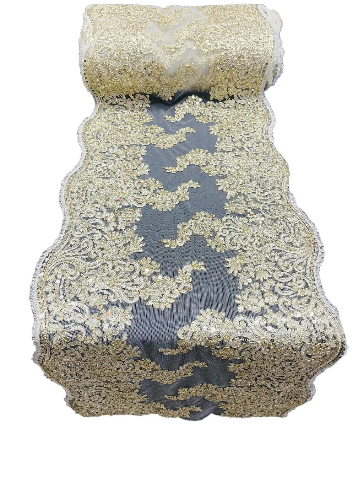 14" Metallic Floral Design Lace Table Runner for Event, Wedding Dress Decoration Sold By The Yard