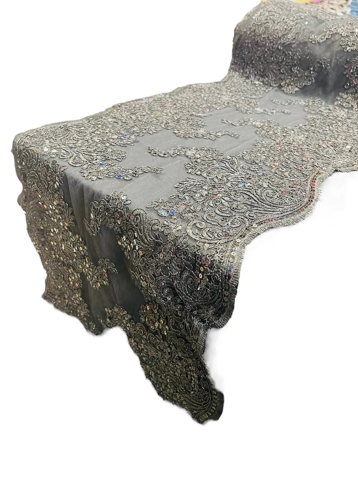 14" Metallic Floral Design Lace Table Runner for Event, Wedding Dress Decoration Sold By The Yard