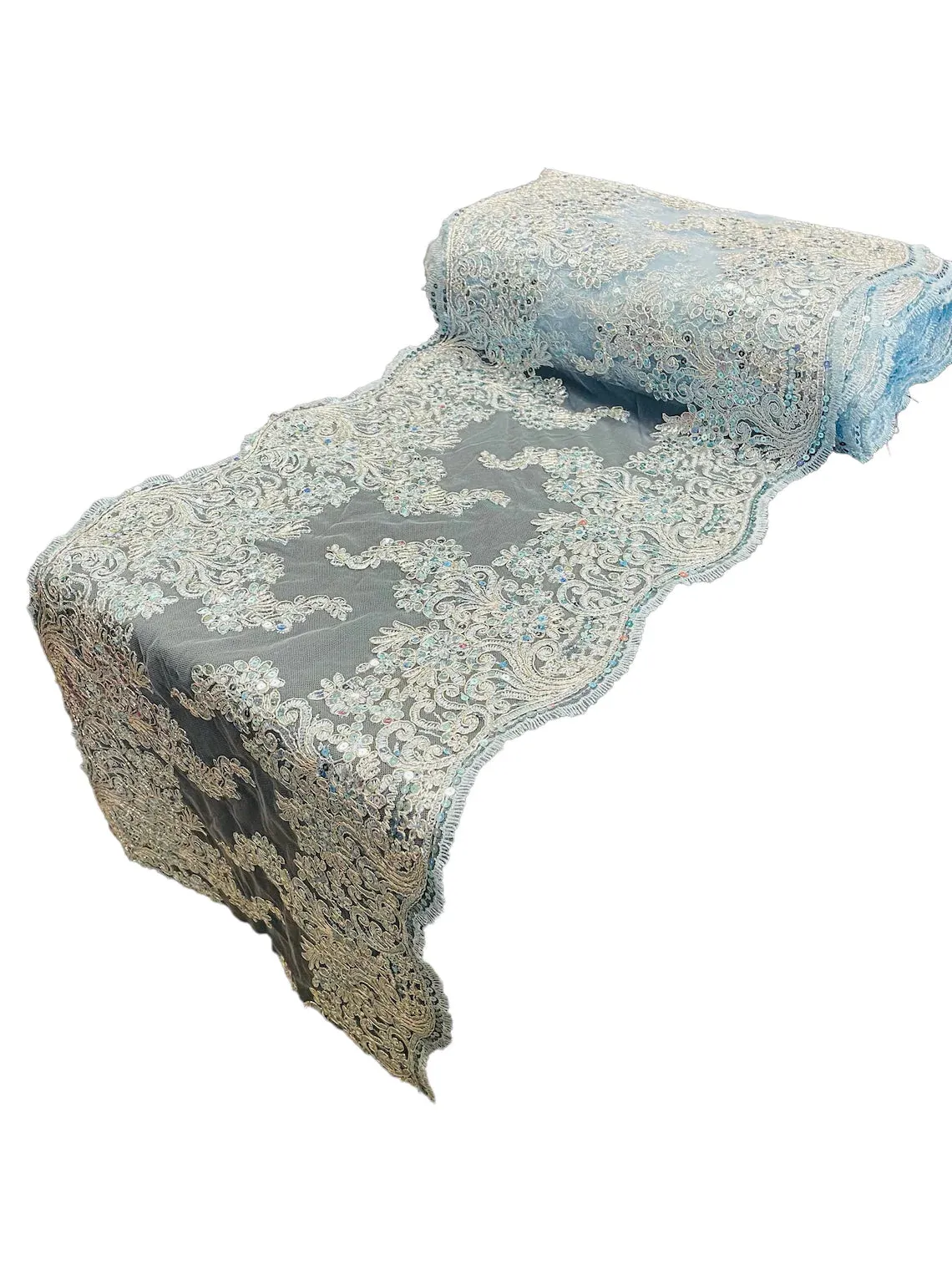 14" Metallic Floral Design Lace Table Runner for Event, Wedding Dress Decoration Sold By The Yard