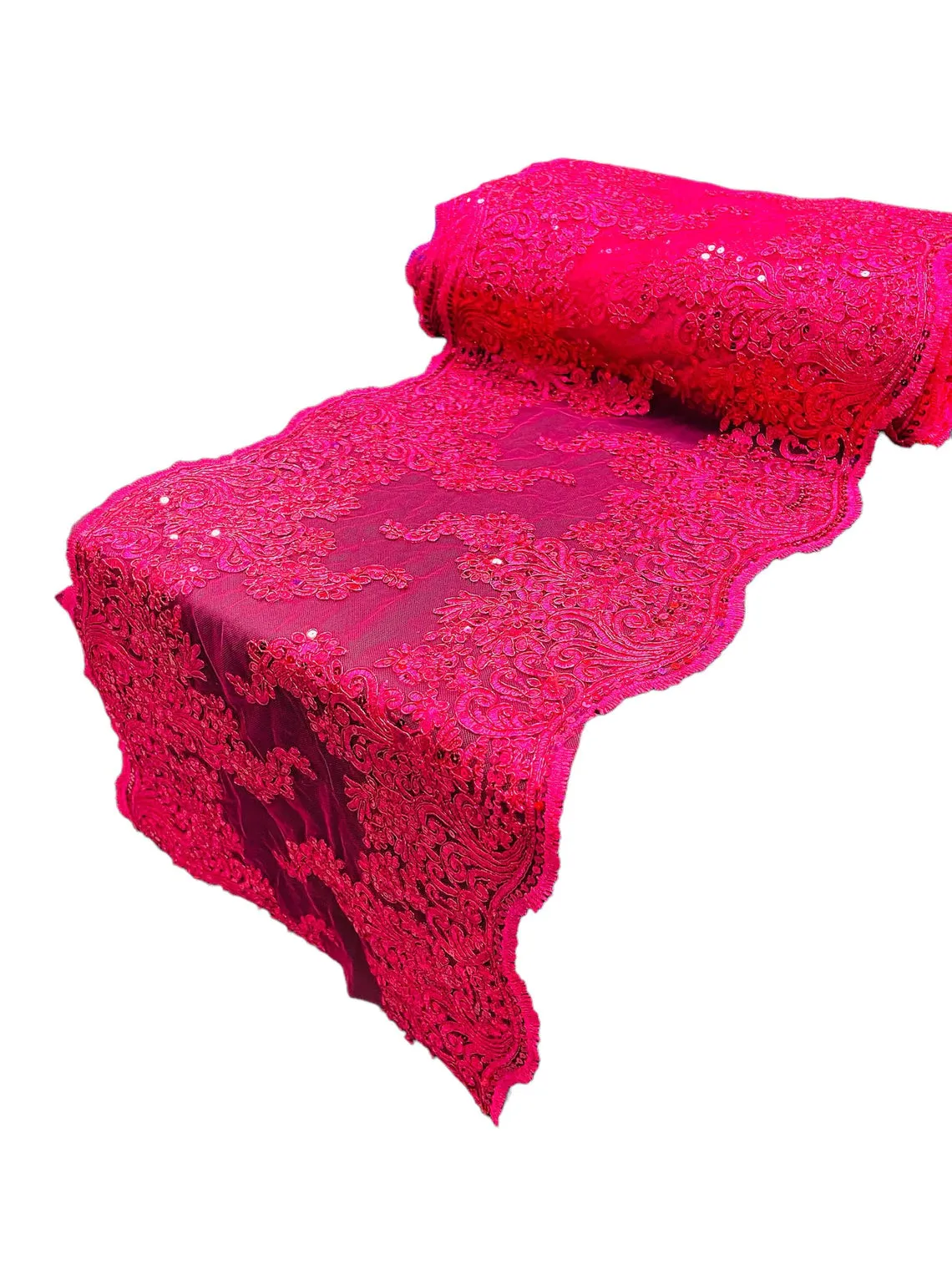 14" Metallic Floral Design Lace Table Runner for Event, Wedding Dress Decoration Sold By The Yard