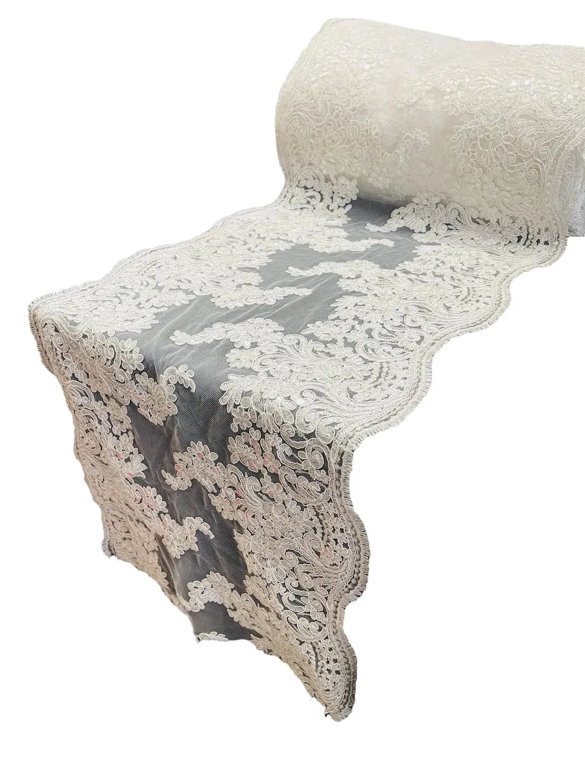 14" Metallic Floral Design Lace Table Runner for Event, Wedding Dress Decoration Sold By The Yard