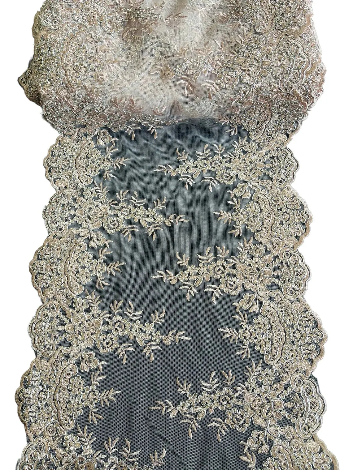 14" Metallic Floral Lace Mesh Design Table Runner for Event and Dress Decor Sold By The Yard