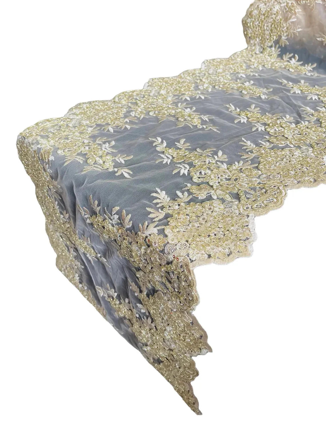 14" Metallic Floral Lace Mesh Design Table Runner for Event and Dress Decor Sold By The Yard