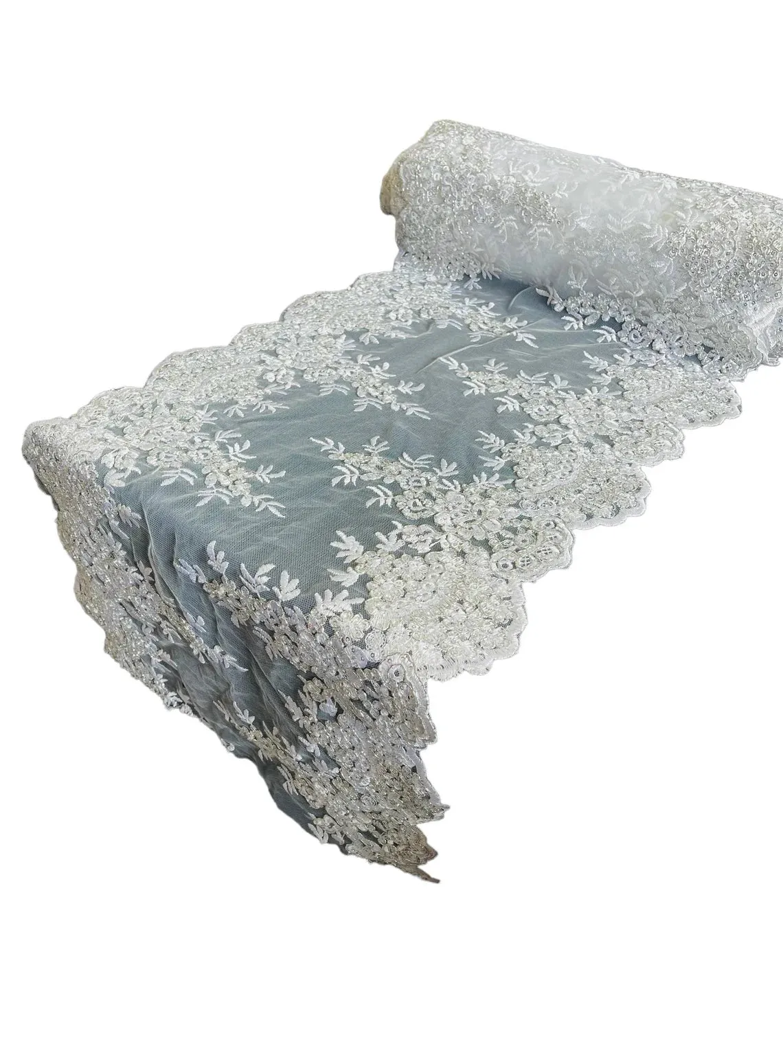 14" Metallic Floral Lace Mesh Design Table Runner for Event and Dress Decor Sold By The Yard