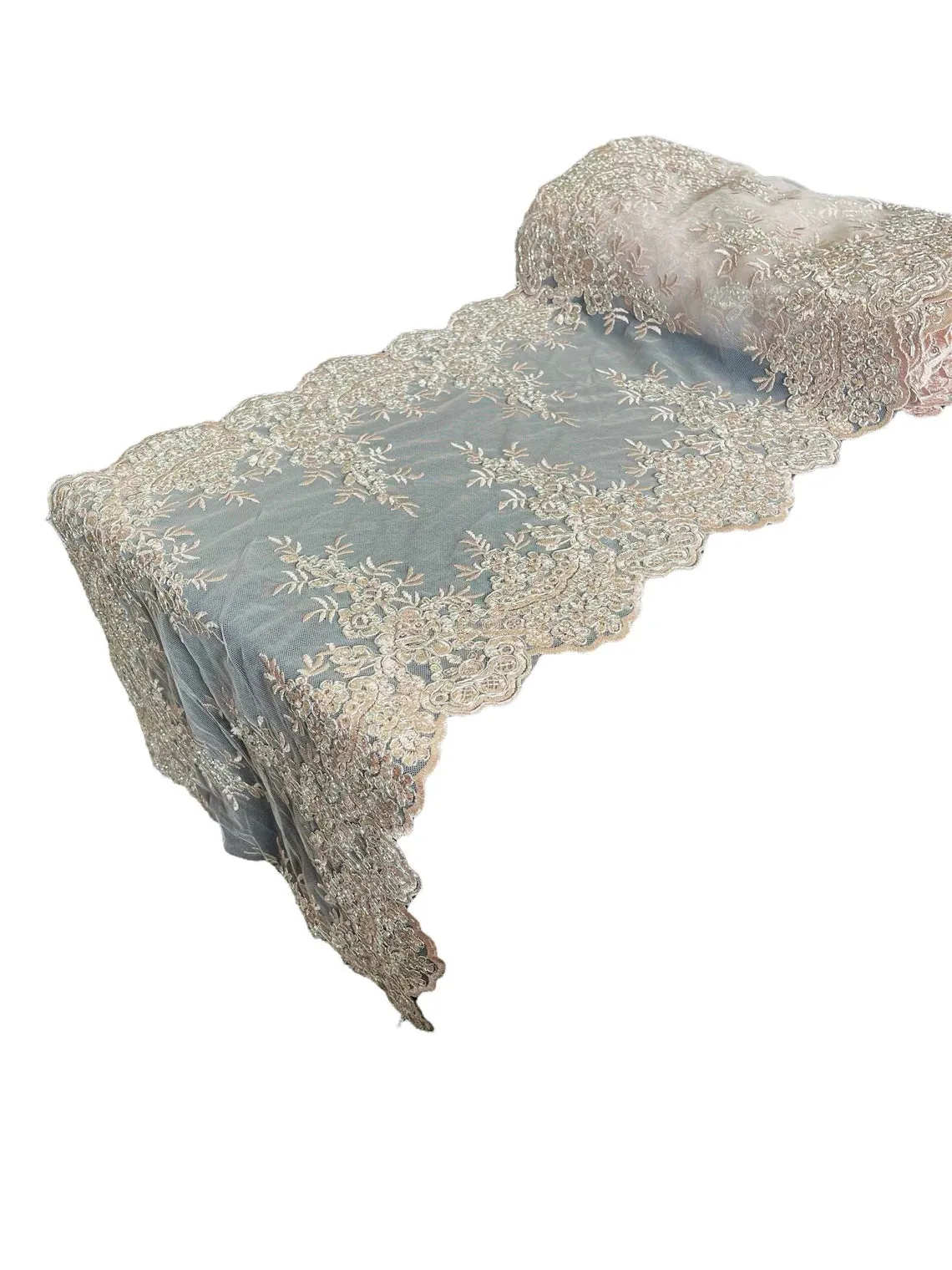 14" Metallic Floral Lace Mesh Design Table Runner for Event and Dress Decor Sold By The Yard