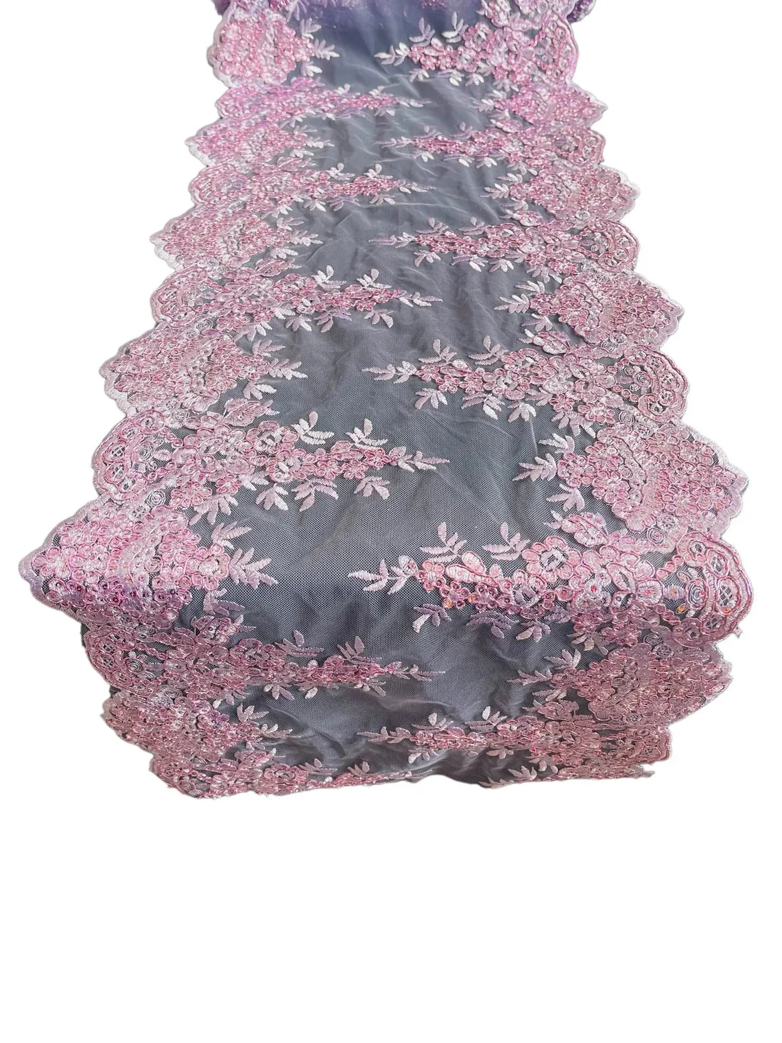 14" Metallic Floral Lace Mesh Design Table Runner for Event and Dress Decor Sold By The Yard