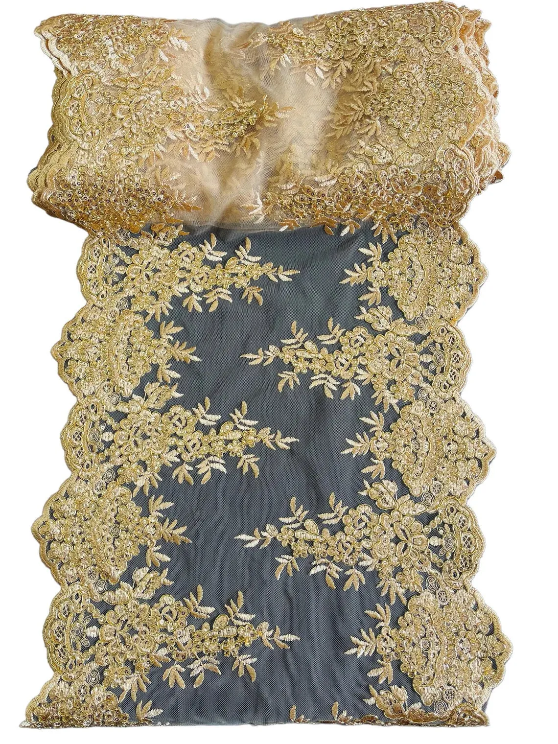 14" Metallic Floral Lace Mesh Design Table Runner for Event and Dress Decor Sold By The Yard