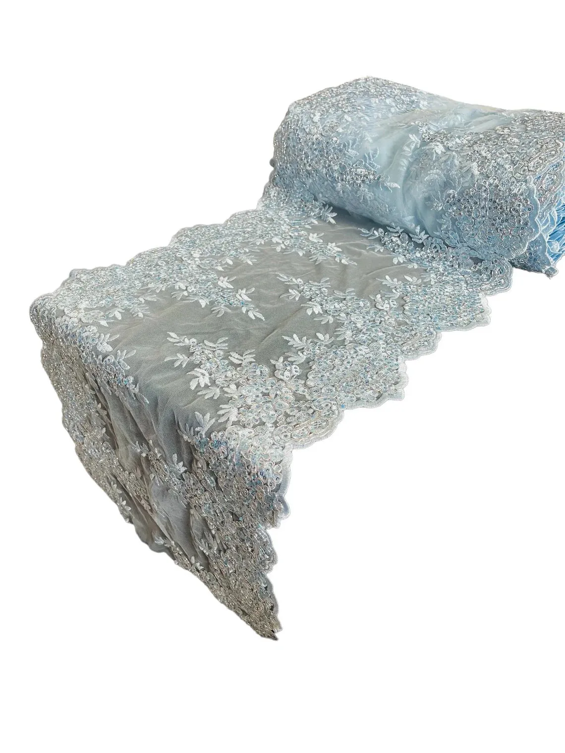 14" Metallic Floral Lace Mesh Design Table Runner for Event and Dress Decor Sold By The Yard