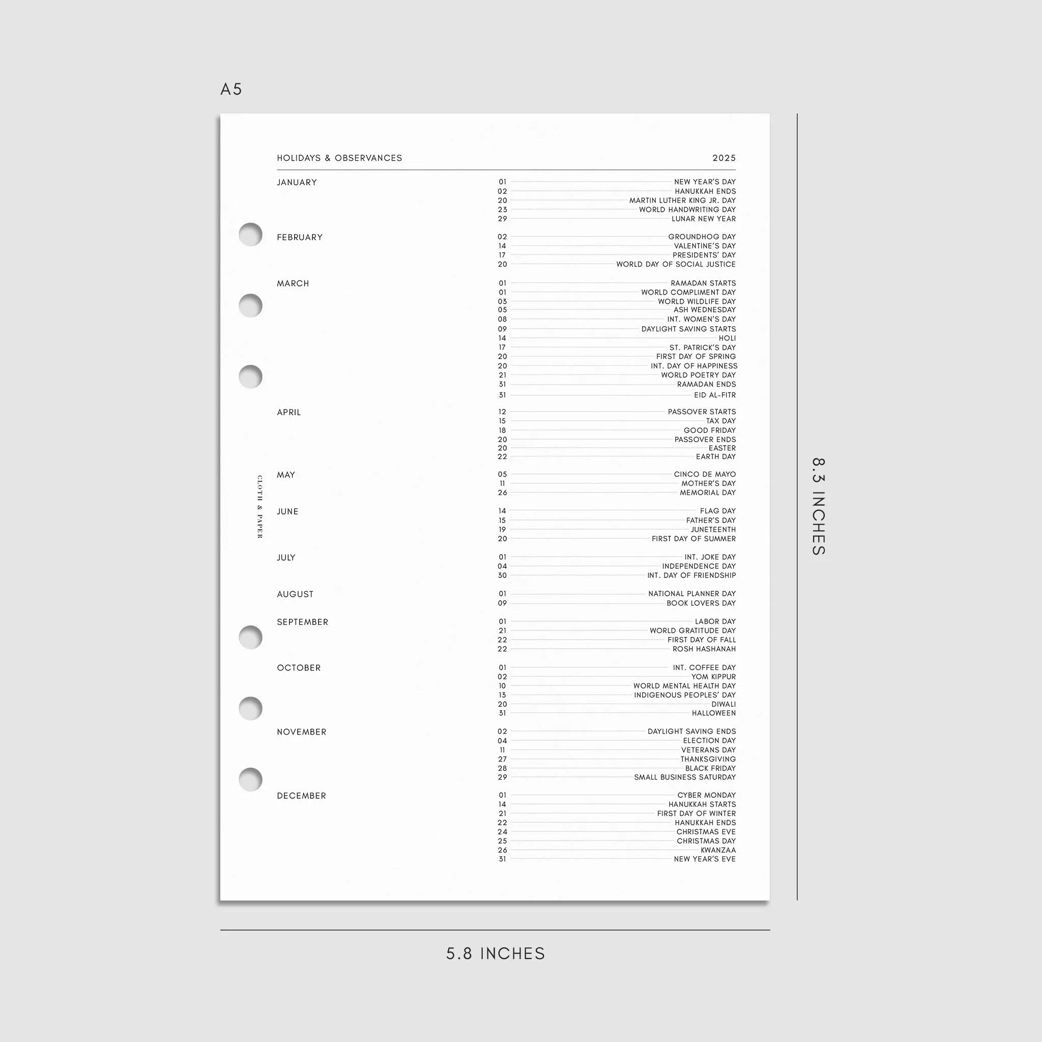 2025 Dated Horizontal Weekly Planner Insert | Monday Start