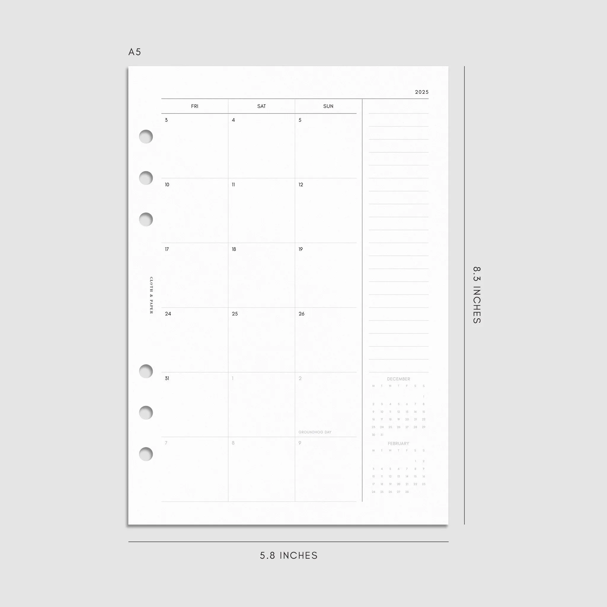 2025 Dated Horizontal Weekly Planner Insert | Monday Start