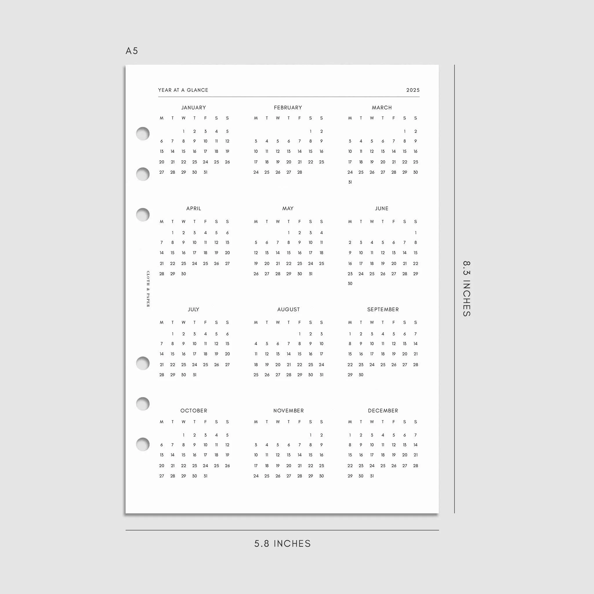 2025 Dated Horizontal Weekly Planner Insert | Monday Start