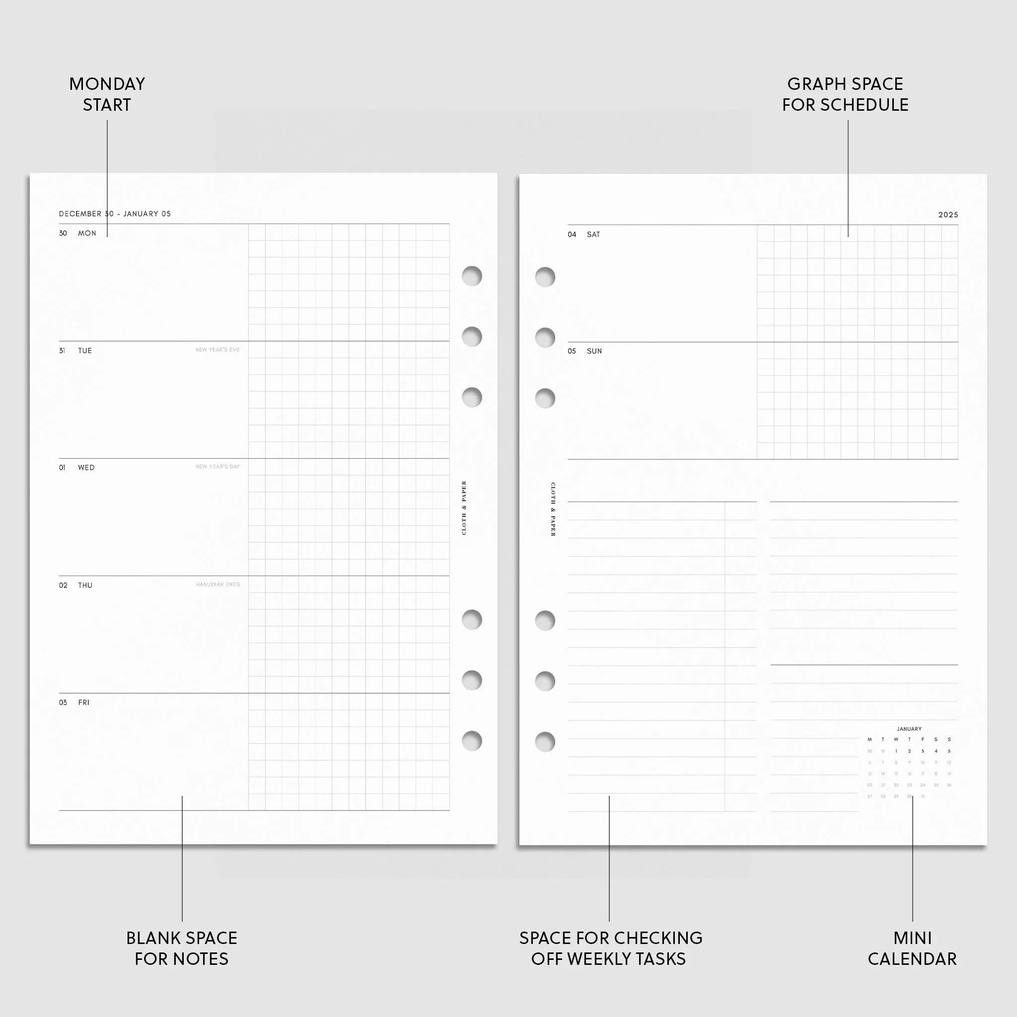 2025 Dated Horizontal Weekly Planner Insert | Monday Start