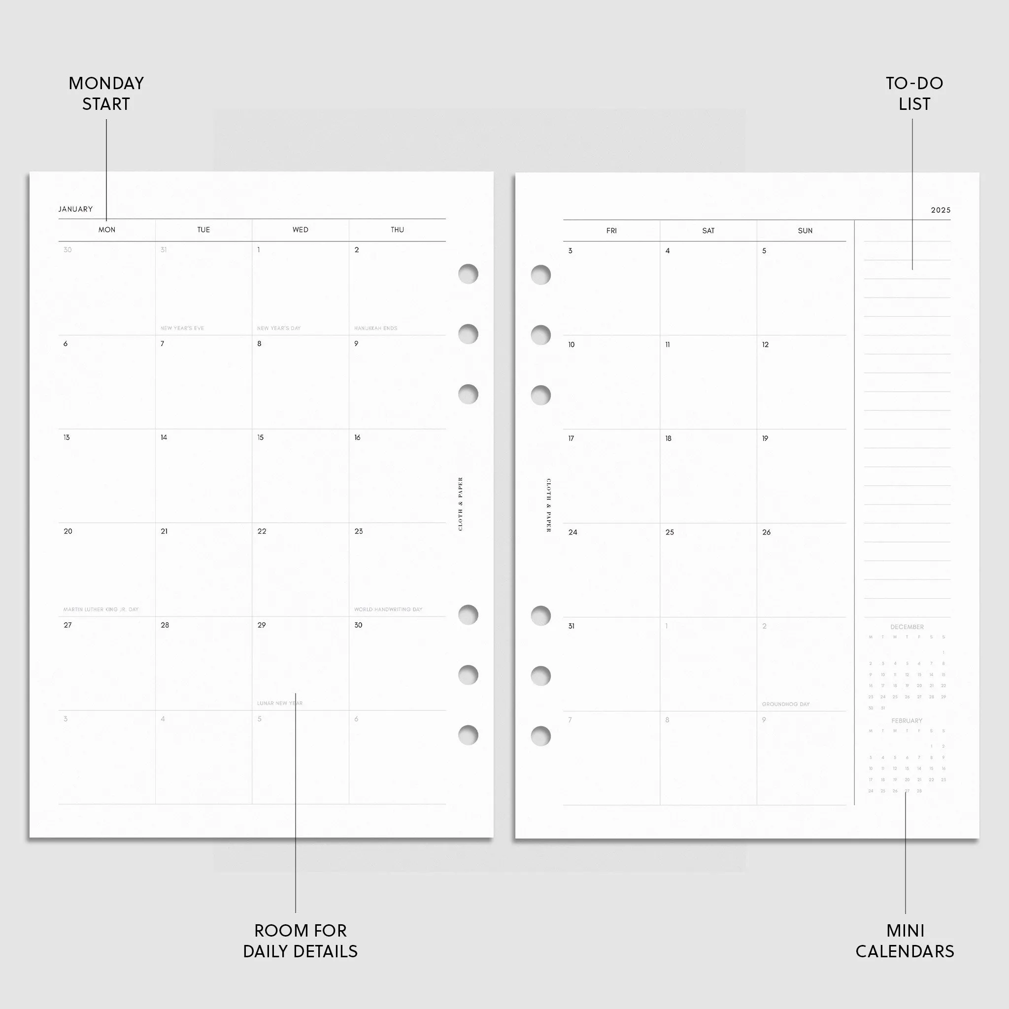 2025 Dated Horizontal Weekly Planner Insert | Monday Start