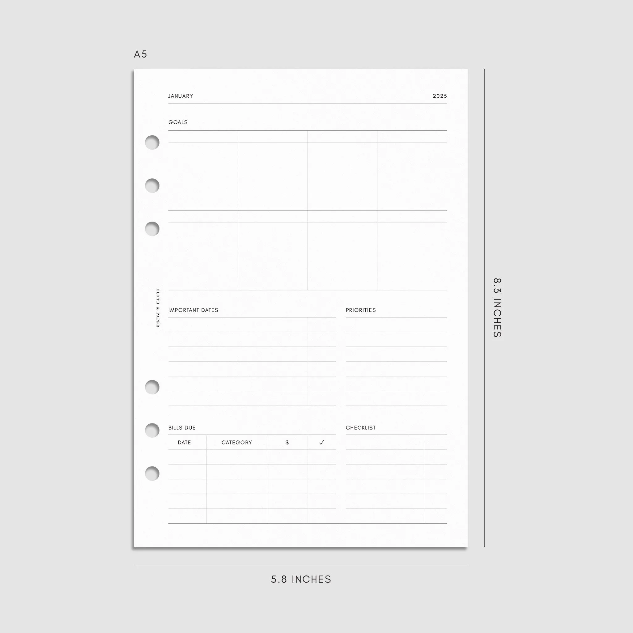2025 Dated Horizontal Weekly Planner Insert | Monday Start