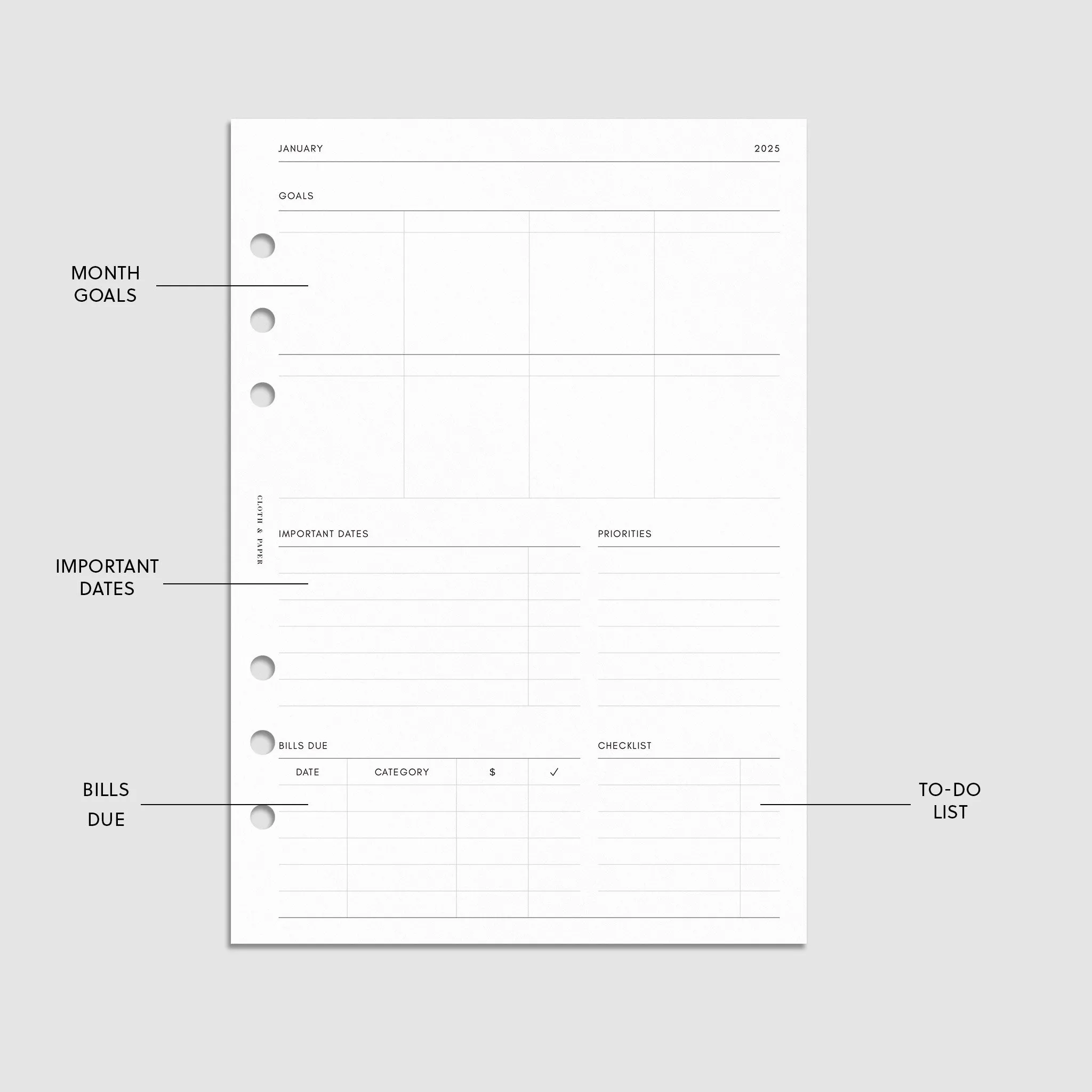 2025 Dated Horizontal Weekly Planner Insert | Monday Start
