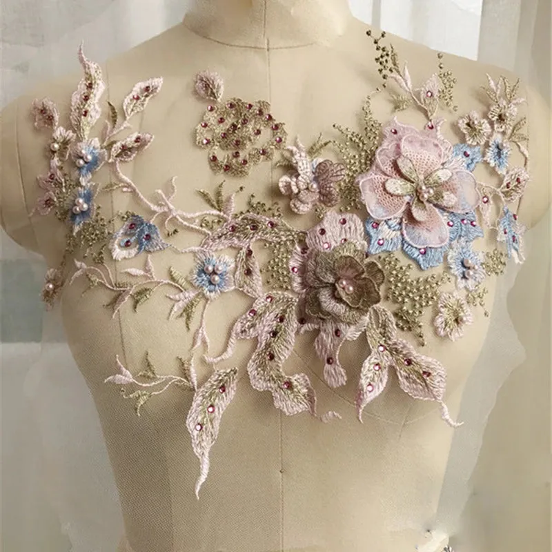 3D Flowers Beaded Lace Fabrics Applique Embroidery Sewing On Patches For Wedding/Evening Dress Clothing Patches Scrapbooking