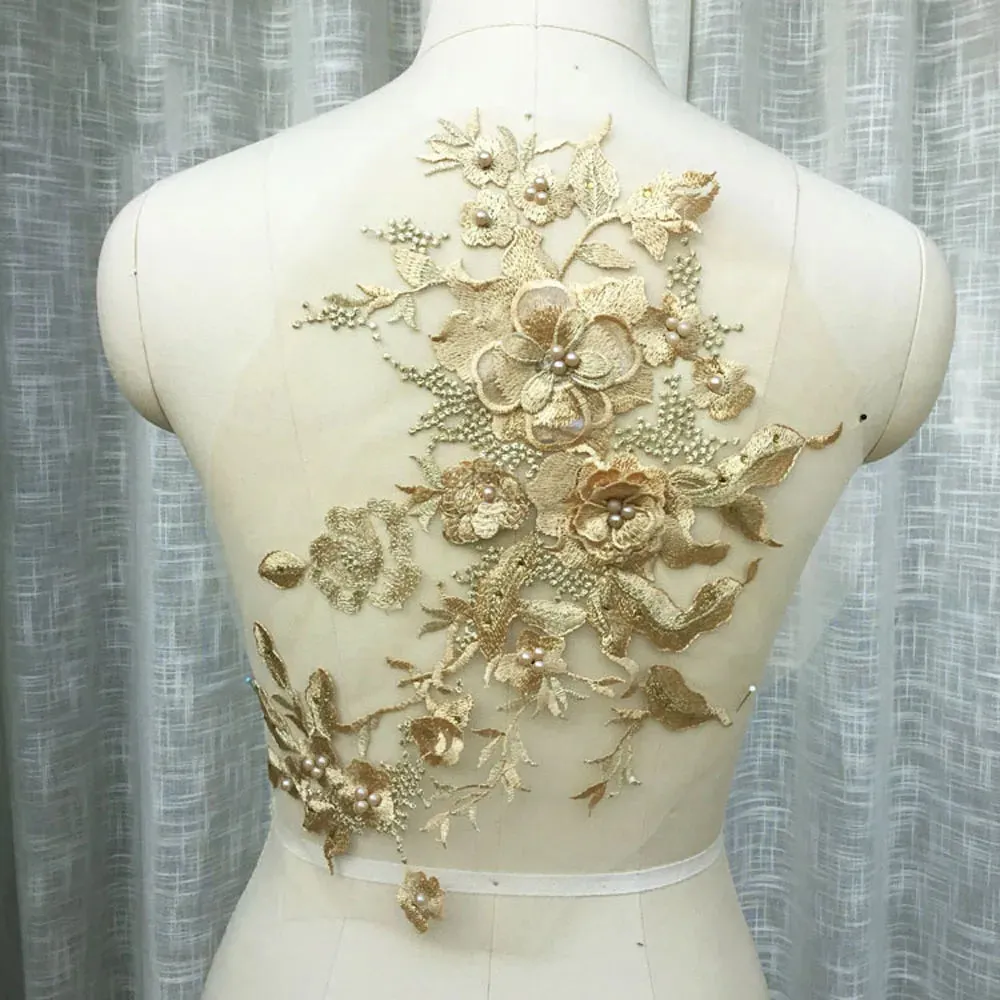 3D Flowers Beaded Lace Fabrics Applique Embroidery Sewing On Patches For Wedding/Evening Dress Clothing Patches Scrapbooking