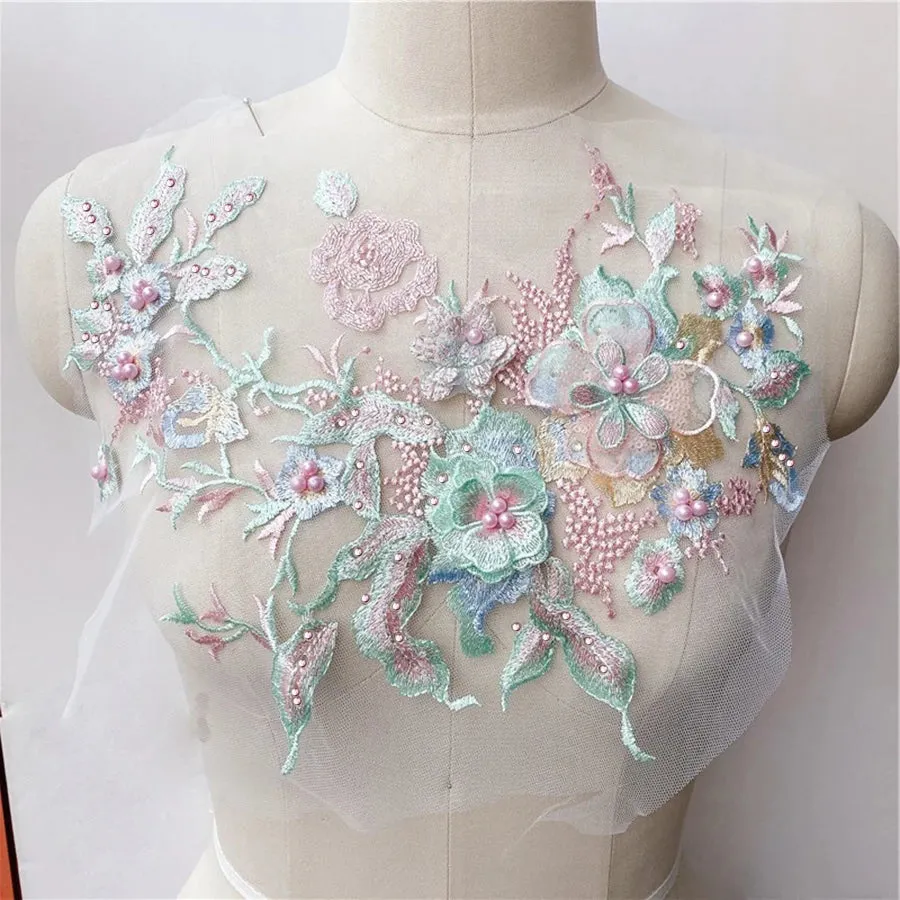 3D Flowers Beaded Lace Fabrics Applique Embroidery Sewing On Patches For Wedding/Evening Dress Clothing Patches Scrapbooking