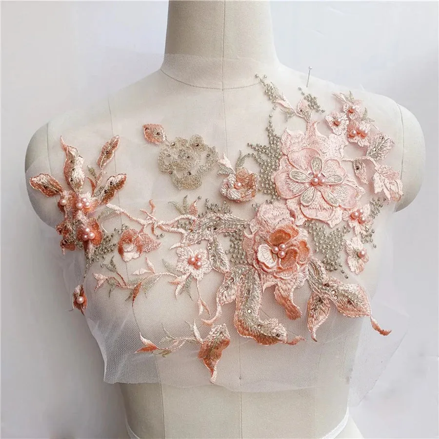 3D Flowers Beaded Lace Fabrics Applique Embroidery Sewing On Patches For Wedding/Evening Dress Clothing Patches Scrapbooking