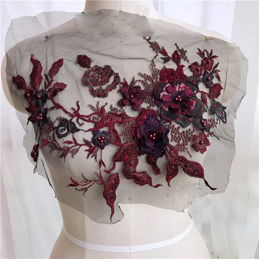 3D Flowers Beaded Lace Fabrics Applique Embroidery Sewing On Patches For Wedding/Evening Dress Clothing Patches Scrapbooking