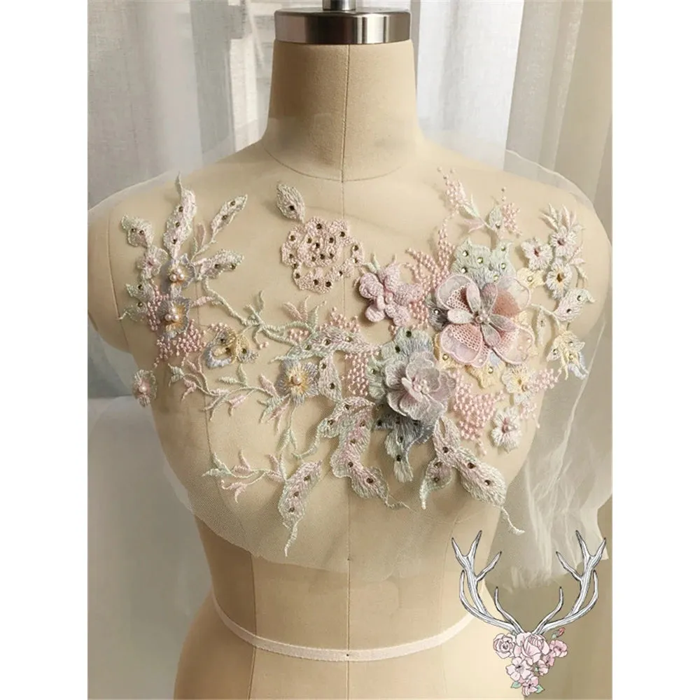 3D Flowers Beaded Lace Fabrics Applique Embroidery Sewing On Patches For Wedding/Evening Dress Clothing Patches Scrapbooking