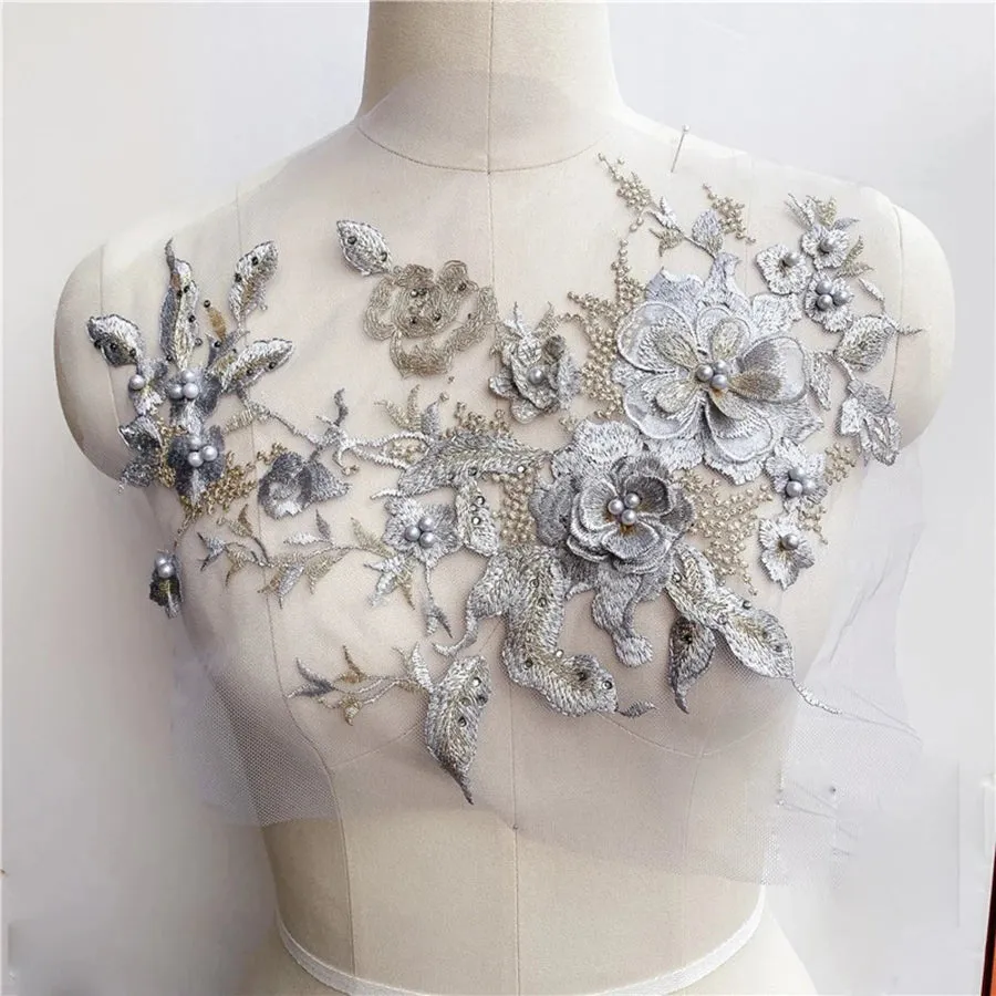 3D Flowers Beaded Lace Fabrics Applique Embroidery Sewing On Patches For Wedding/Evening Dress Clothing Patches Scrapbooking