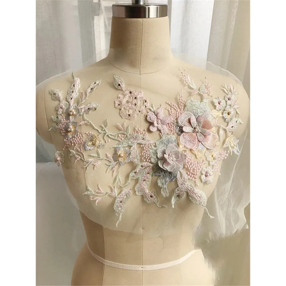 3D Flowers Beaded Lace Fabrics Applique Embroidery Sewing On Patches For Wedding/Evening Dress Clothing Patches Scrapbooking
