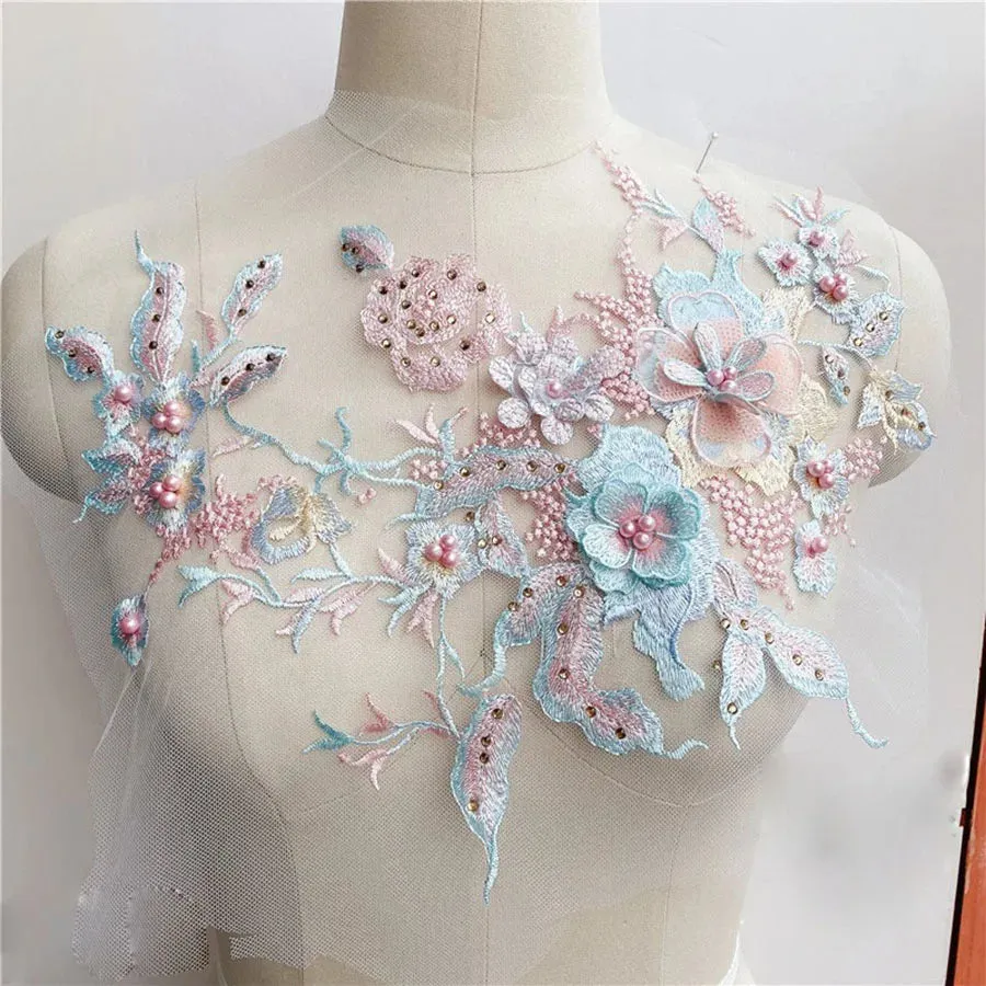 3D Flowers Beaded Lace Fabrics Applique Embroidery Sewing On Patches For Wedding/Evening Dress Clothing Patches Scrapbooking