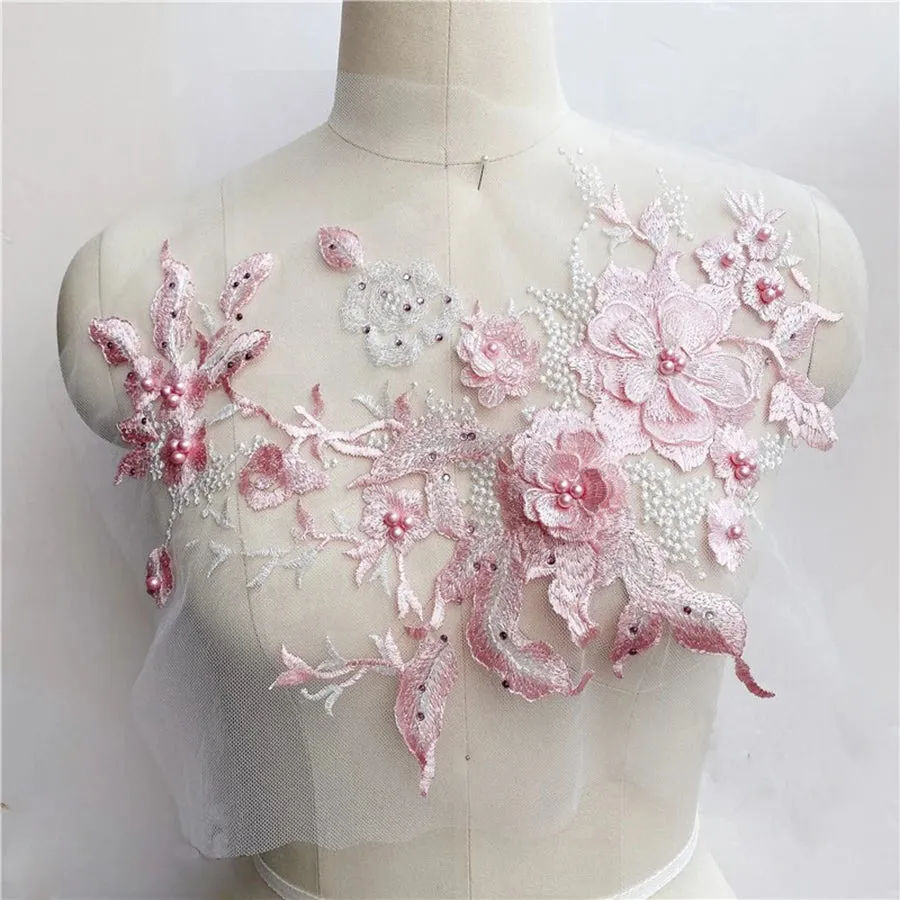 3D Flowers Beaded Lace Fabrics Applique Embroidery Sewing On Patches For Wedding/Evening Dress Clothing Patches Scrapbooking