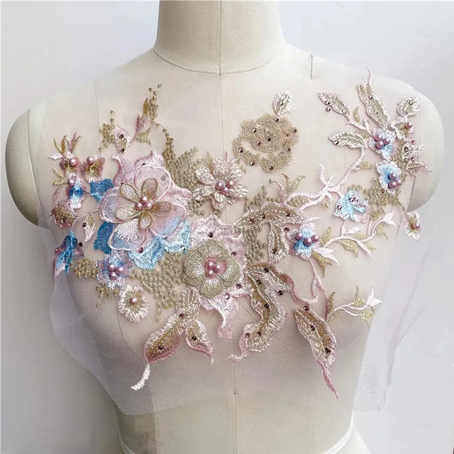 3D Flowers Beaded Lace Fabrics Applique Embroidery Sewing On Patches For Wedding/Evening Dress Clothing Patches Scrapbooking