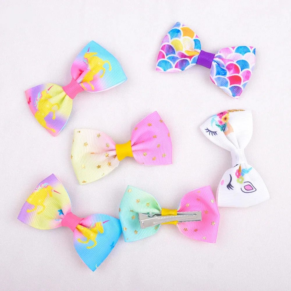 8PCS/Set Print Grosgrain Ribbon Hair Bows Clips Small Bows For