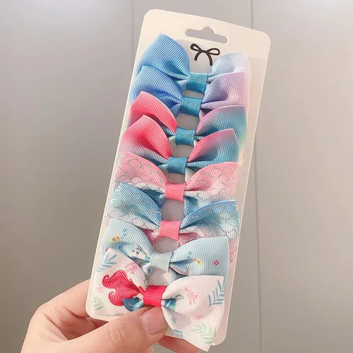 8PCS/Set Print Grosgrain Ribbon Hair Bows Clips Small Bows For
