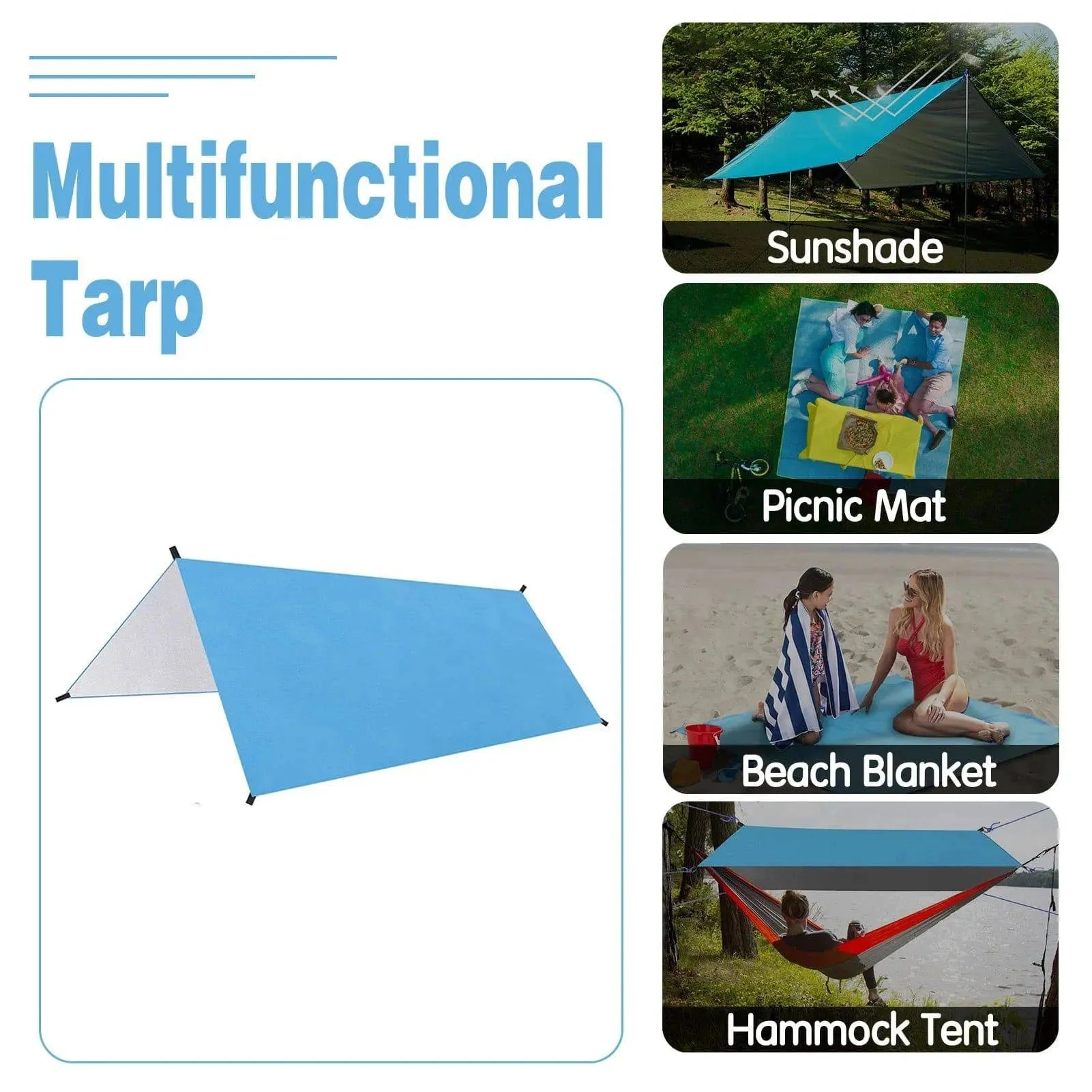 9.8 * 9.8ft Waterproof Outdoor Camping Tarp Awning Sunshade Hammock Tent Rain Shelter Picnic Mat Tarpaulin Canopy Beach Blanket