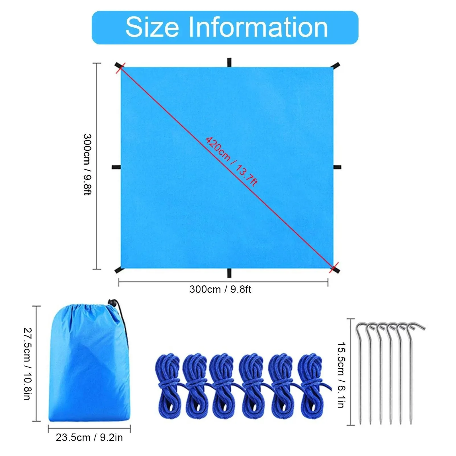 9.8 * 9.8ft Waterproof Outdoor Camping Tarp Awning Sunshade Hammock Tent Rain Shelter Picnic Mat Tarpaulin Canopy Beach Blanket