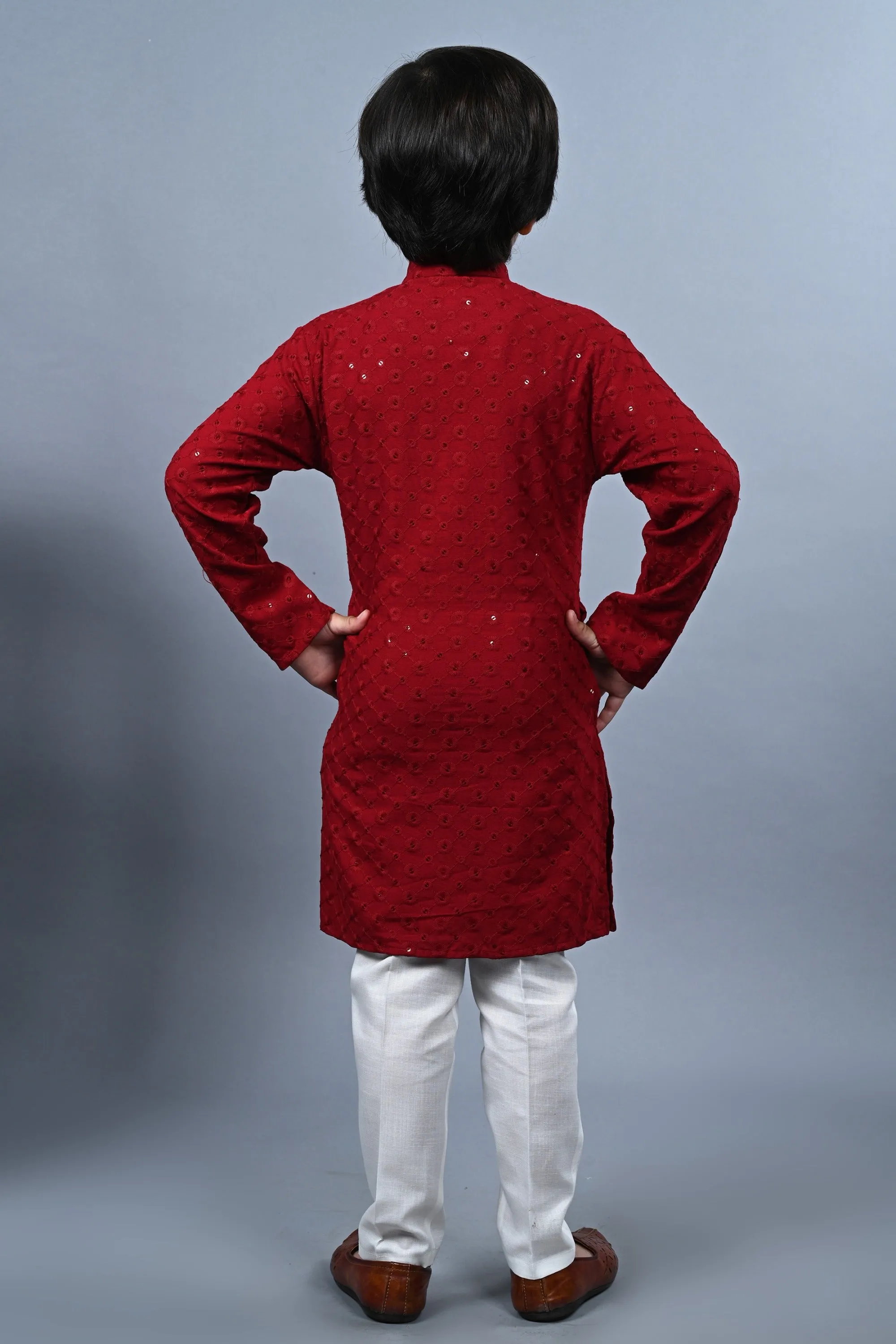 Ahhaaaa Kid's  Sequin Print Embroidery Mirror Work Kurta with Pajama for Boys