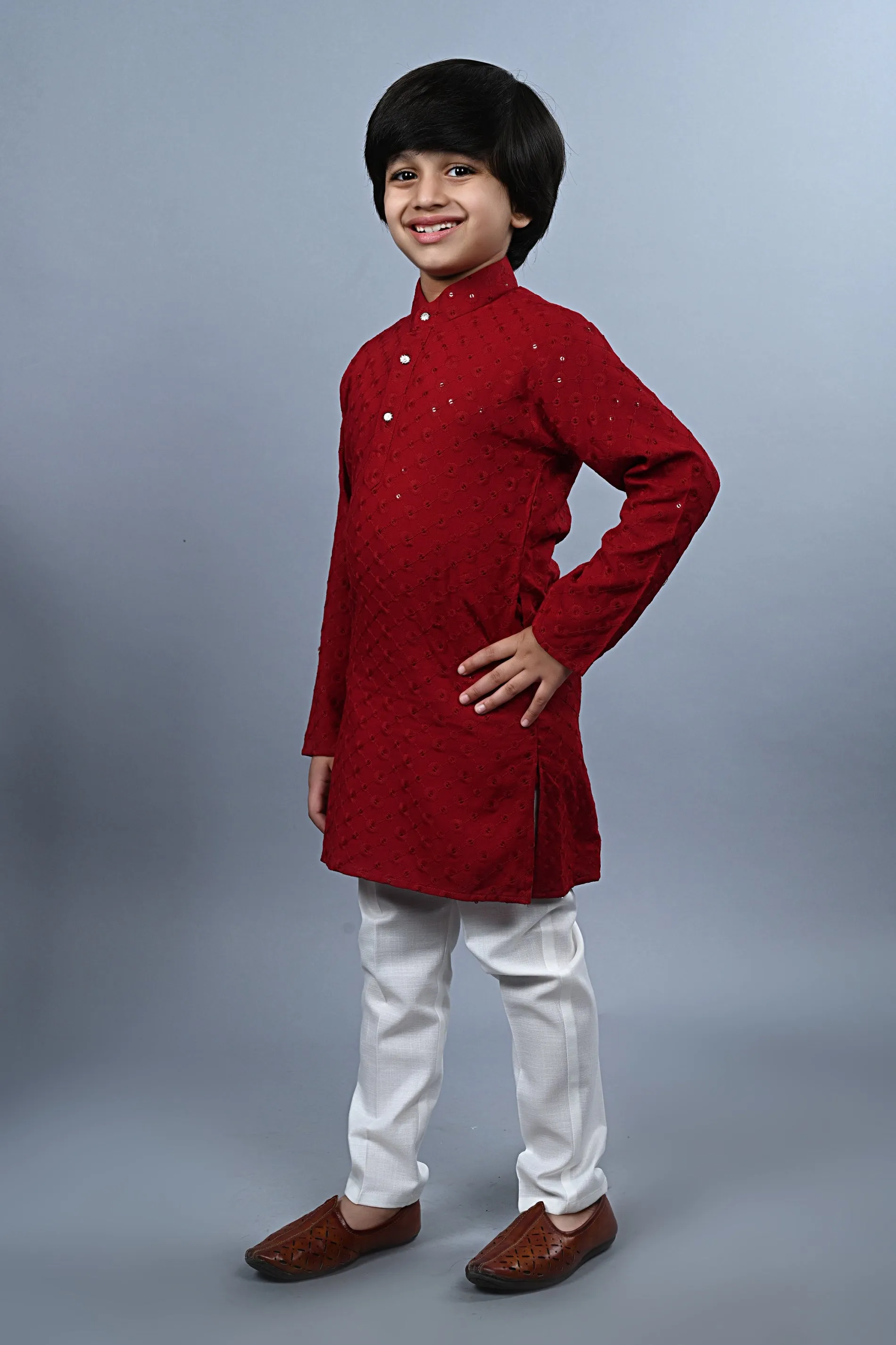 Ahhaaaa Kid's  Sequin Print Embroidery Mirror Work Kurta with Pajama for Boys