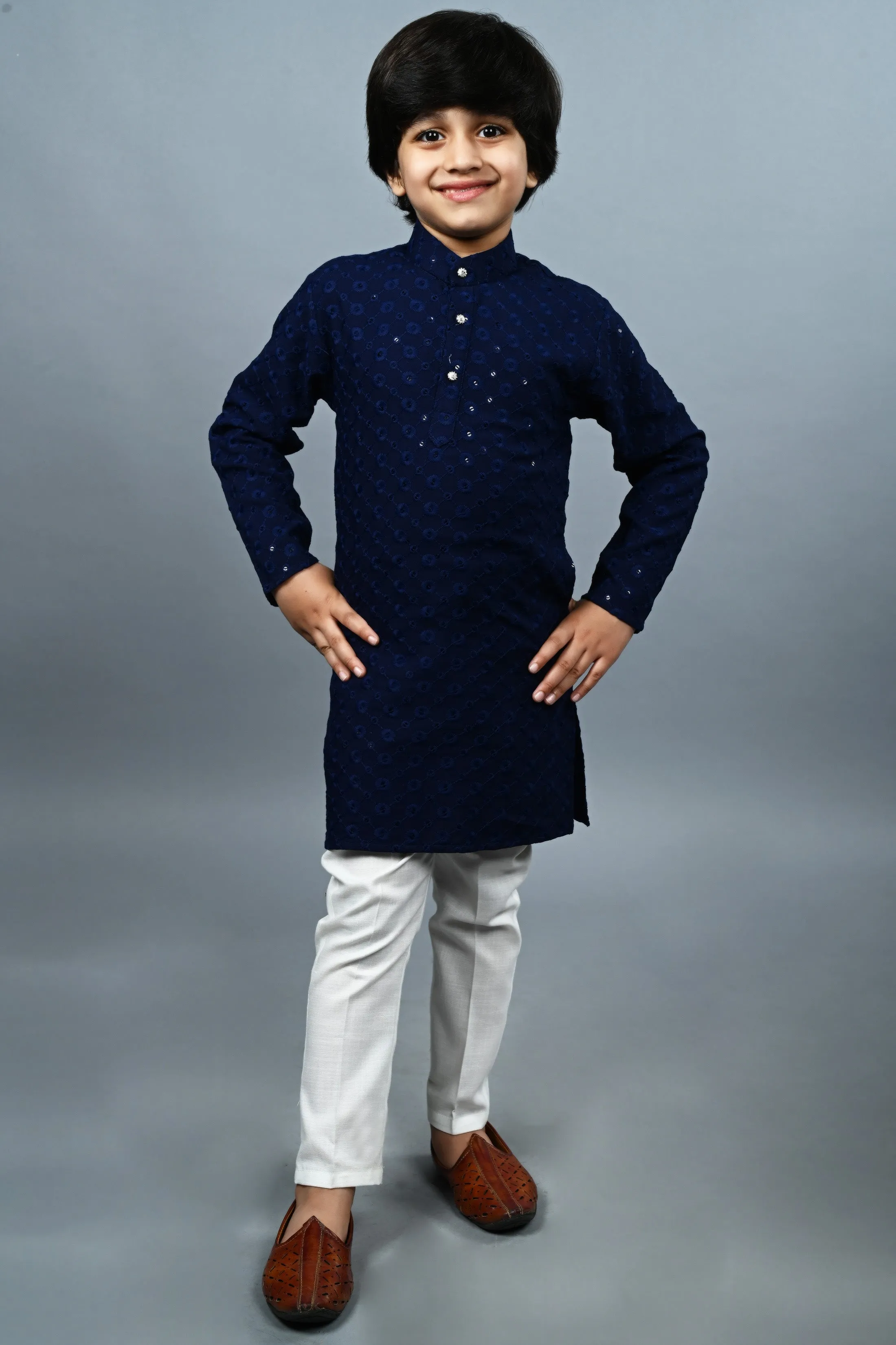 Ahhaaaa Kid's  Sequin Print Embroidery Mirror Work Kurta with Pajama for Boys