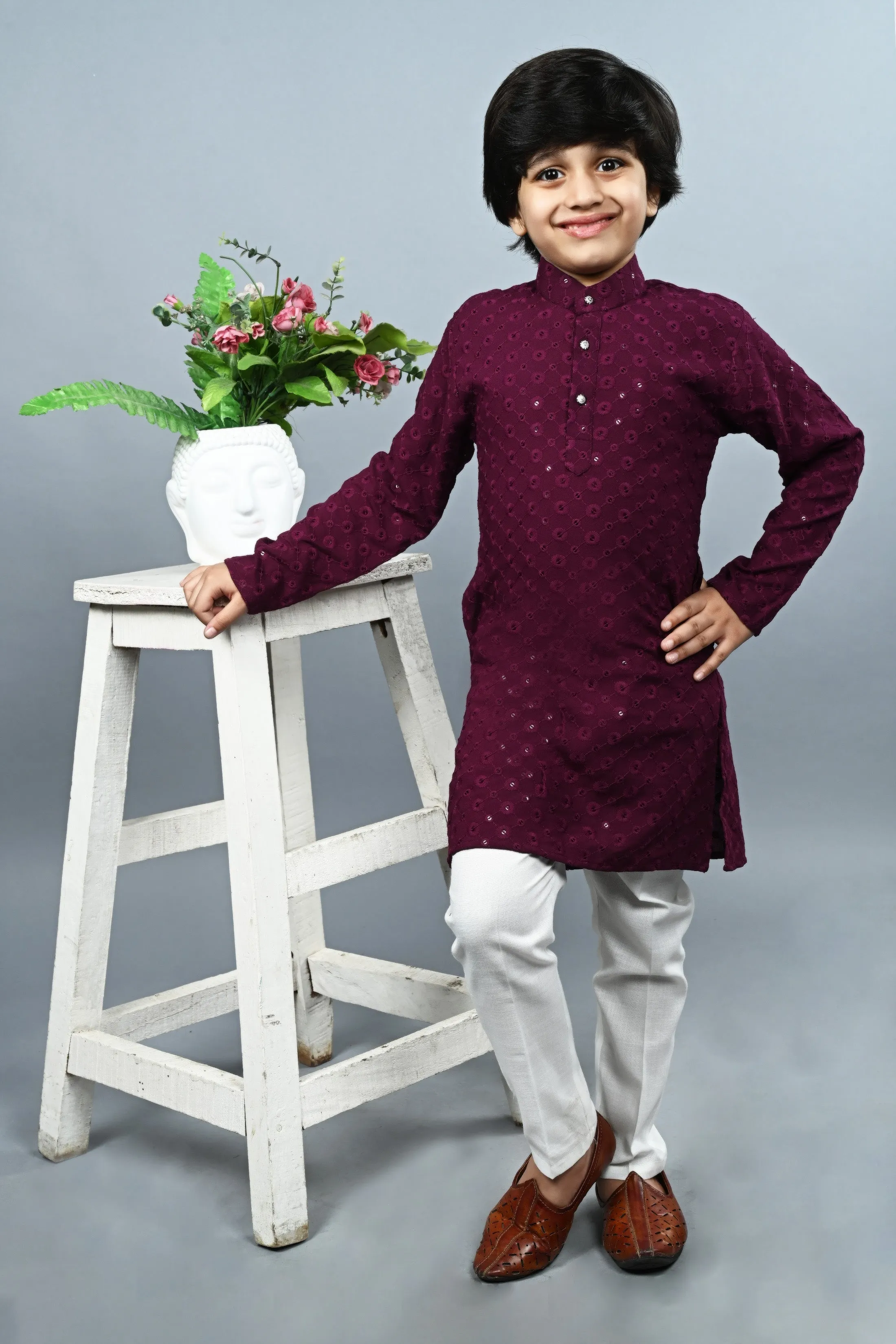 Ahhaaaa Kid's  Sequin Print Embroidery Mirror Work Kurta with Pajama for Boys