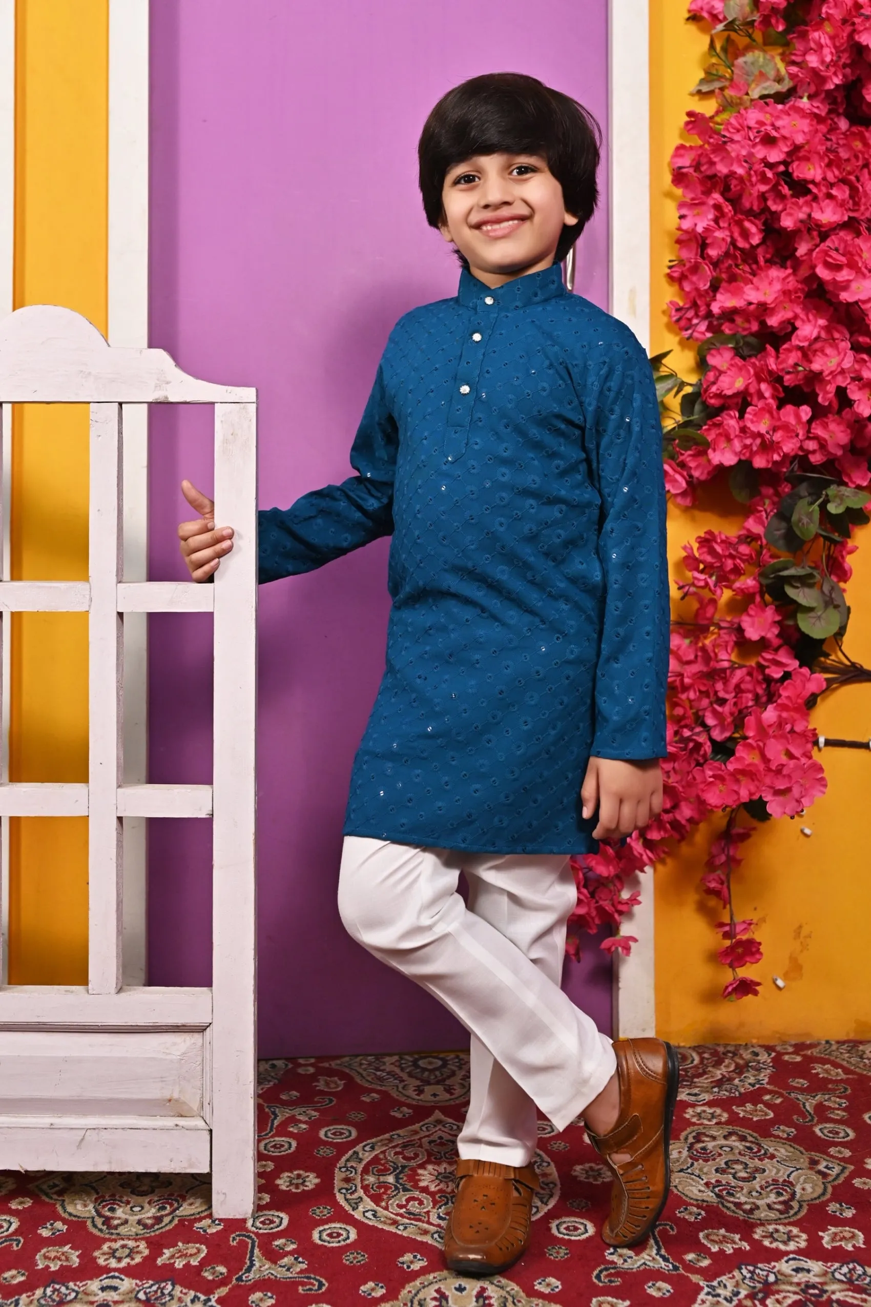 Ahhaaaa Kid's  Sequin Print Embroidery Mirror Work Kurta with Pajama for Boys