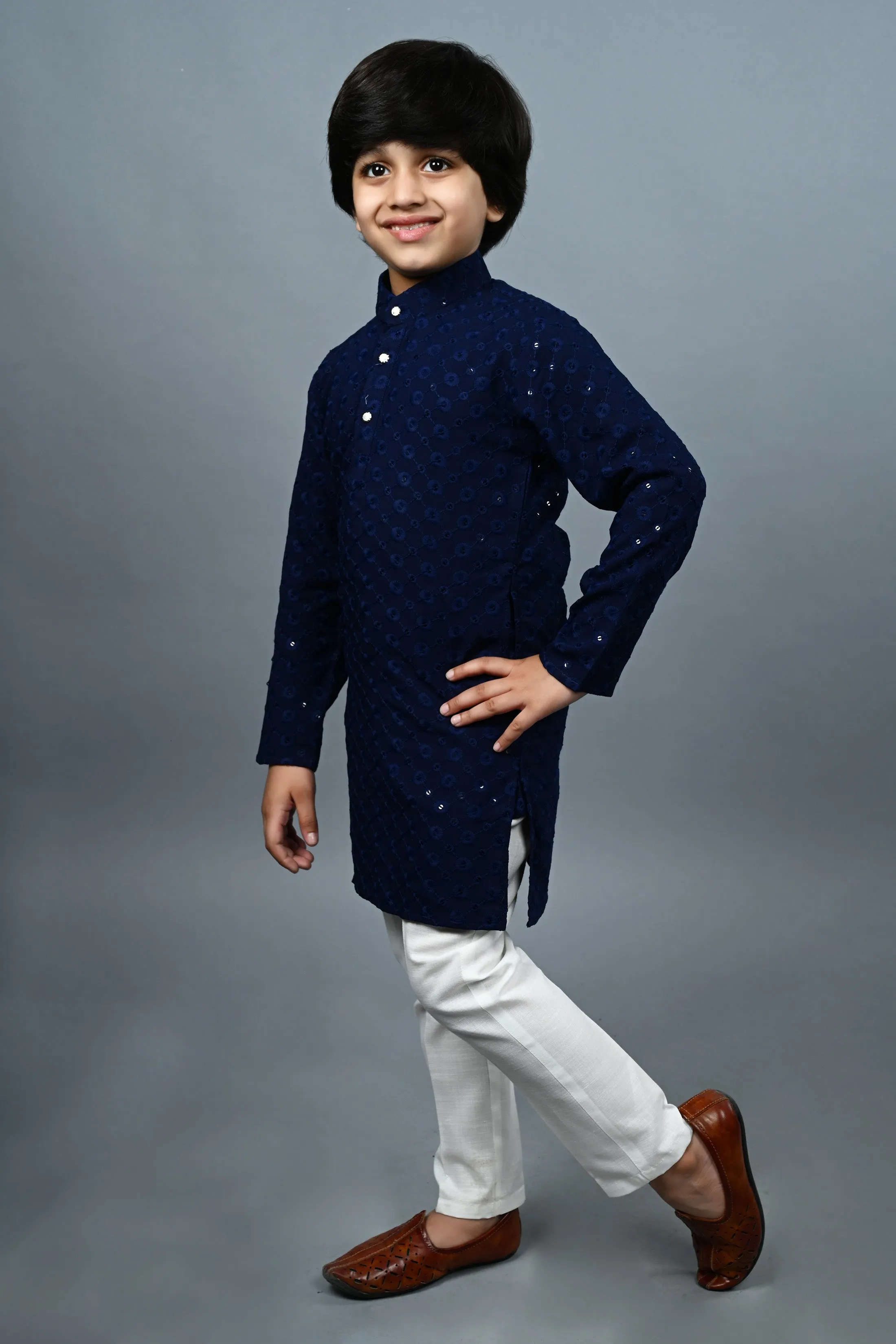 Ahhaaaa Kid's  Sequin Print Embroidery Mirror Work Kurta with Pajama for Boys