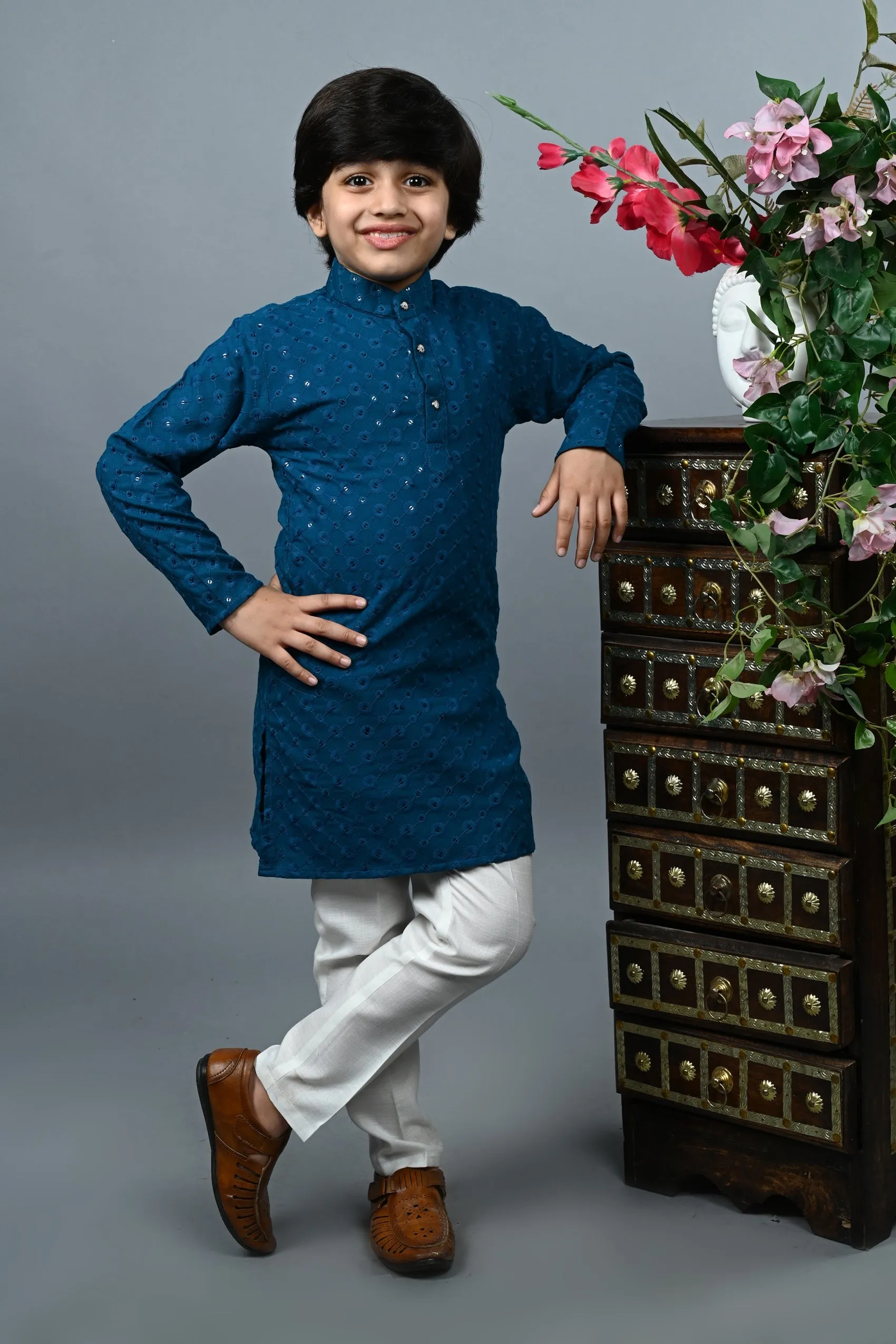 Ahhaaaa Kid's  Sequin Print Embroidery Mirror Work Kurta with Pajama for Boys